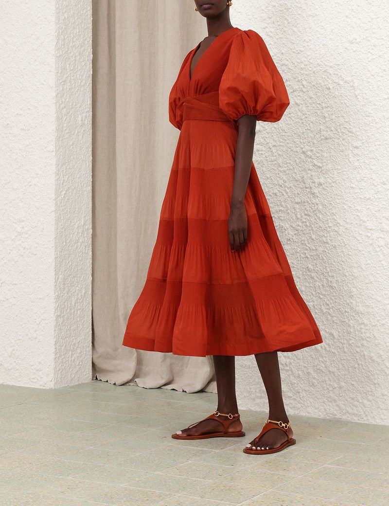 Zimmermann oc11z0226 Pleated Midi Dress In Red Size XS / US 0-2 / IT 36-38 - 3 Thumbnail