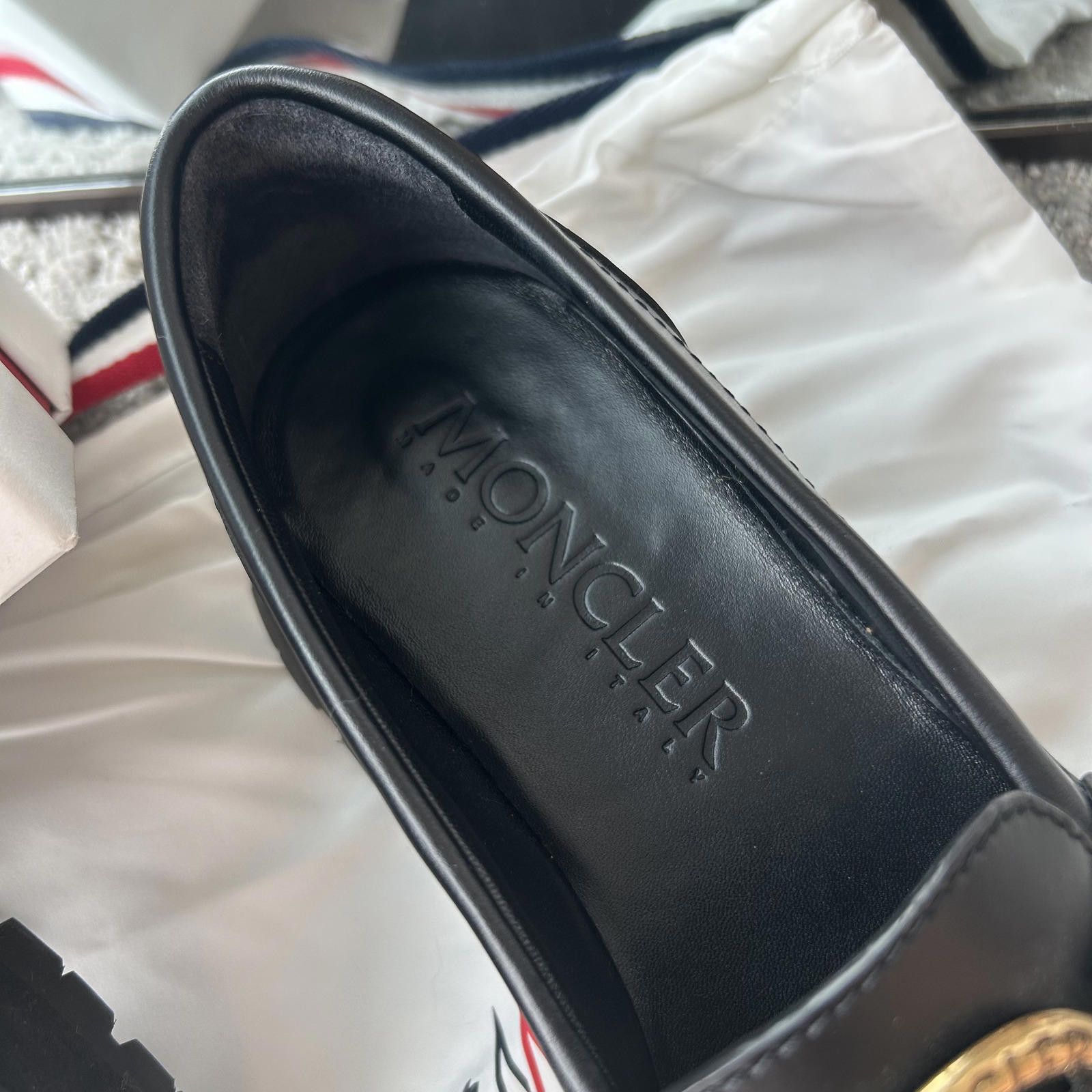 Moncler Moncler Women's Black Leather Loafers with Gold Accent Size US 8 / IT 38 - 5 Thumbnail