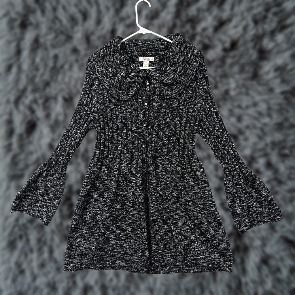 Vintage Style&co Cardigan Sweater 1X Plus Black Bell Sleeve Collared Knit Marled Bohemian Gothic Grunge Vintage: No Size XL / US 12-14 / IT 48-50 - 1 Thumbnail