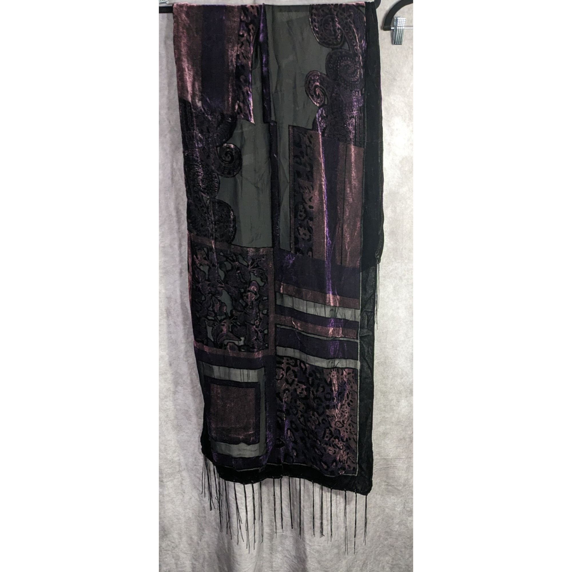 Other Vintage Burnt Velvet Abstract Scarf With Fringe 61"x20" Purp Size ONE SIZE - 6 Thumbnail