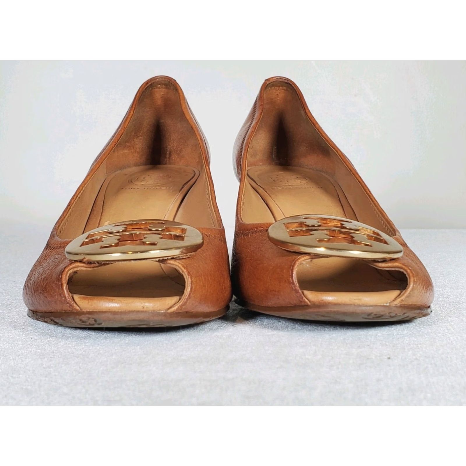 Tory Burch Tory Burch Sally 2 Brown Tumbled Leather Peep-Toe Wedge Heel Gold Logo Women US 10 M Size US 10 / IT 40 - 7 Thumbnail