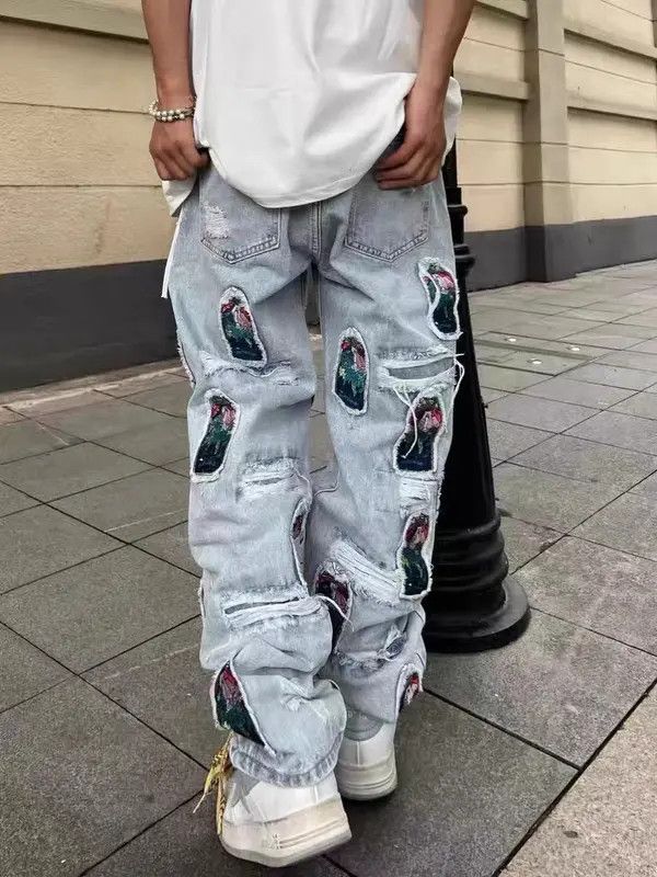VIBE High Street Washed Ripped Patched Embroidered Jeans Size US 32 / EU 48 - 3 Thumbnail