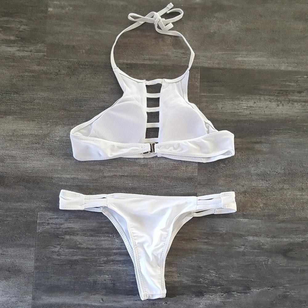 Designer White High Neck Strapped Bikini Set Size ONE SIZE - 2 Thumbnail