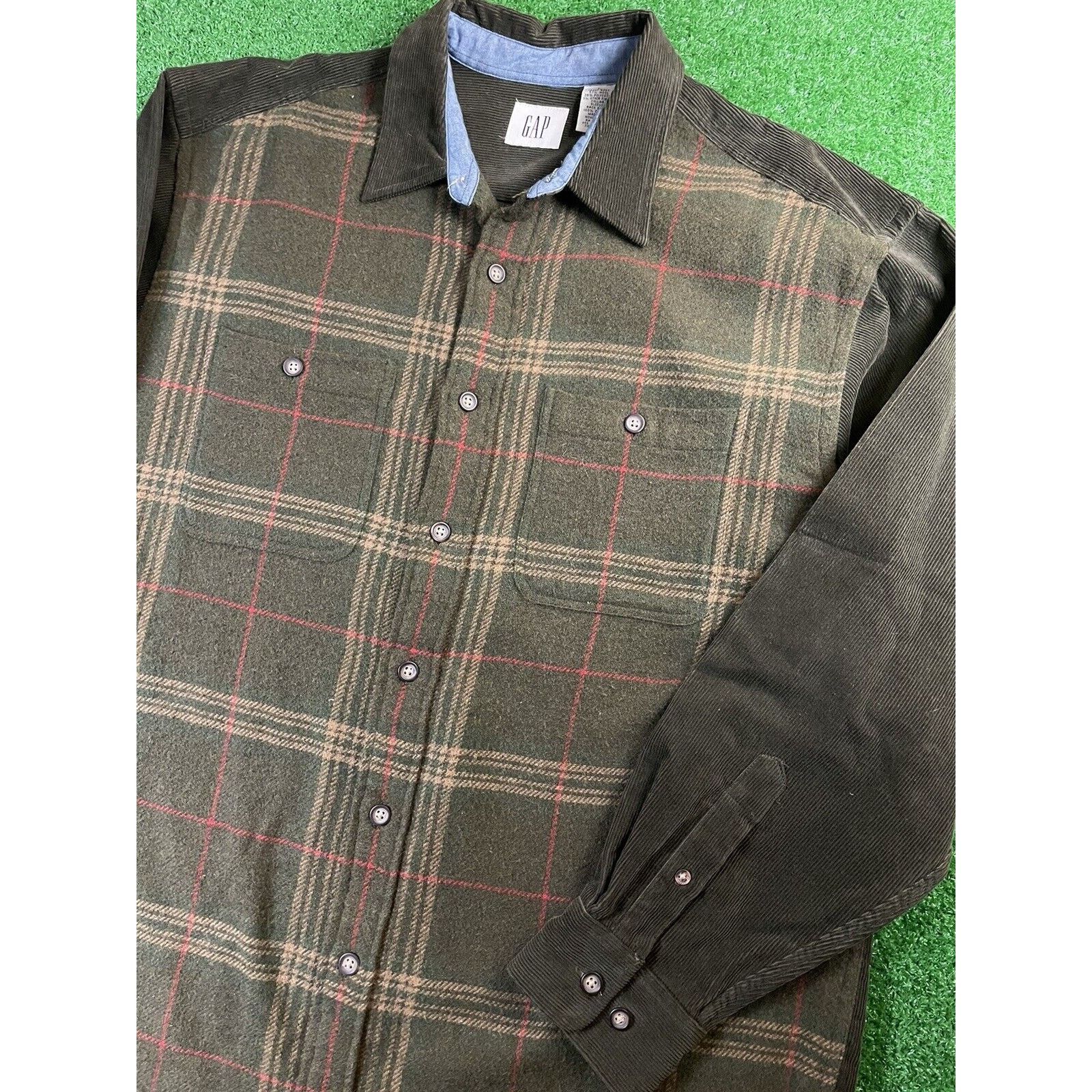 Gap Vintage 90s GAP Wool Corduroy Green Large Flannel Over Shirt Size US L / EU 52-54 / 3 - 1 Thumbnail