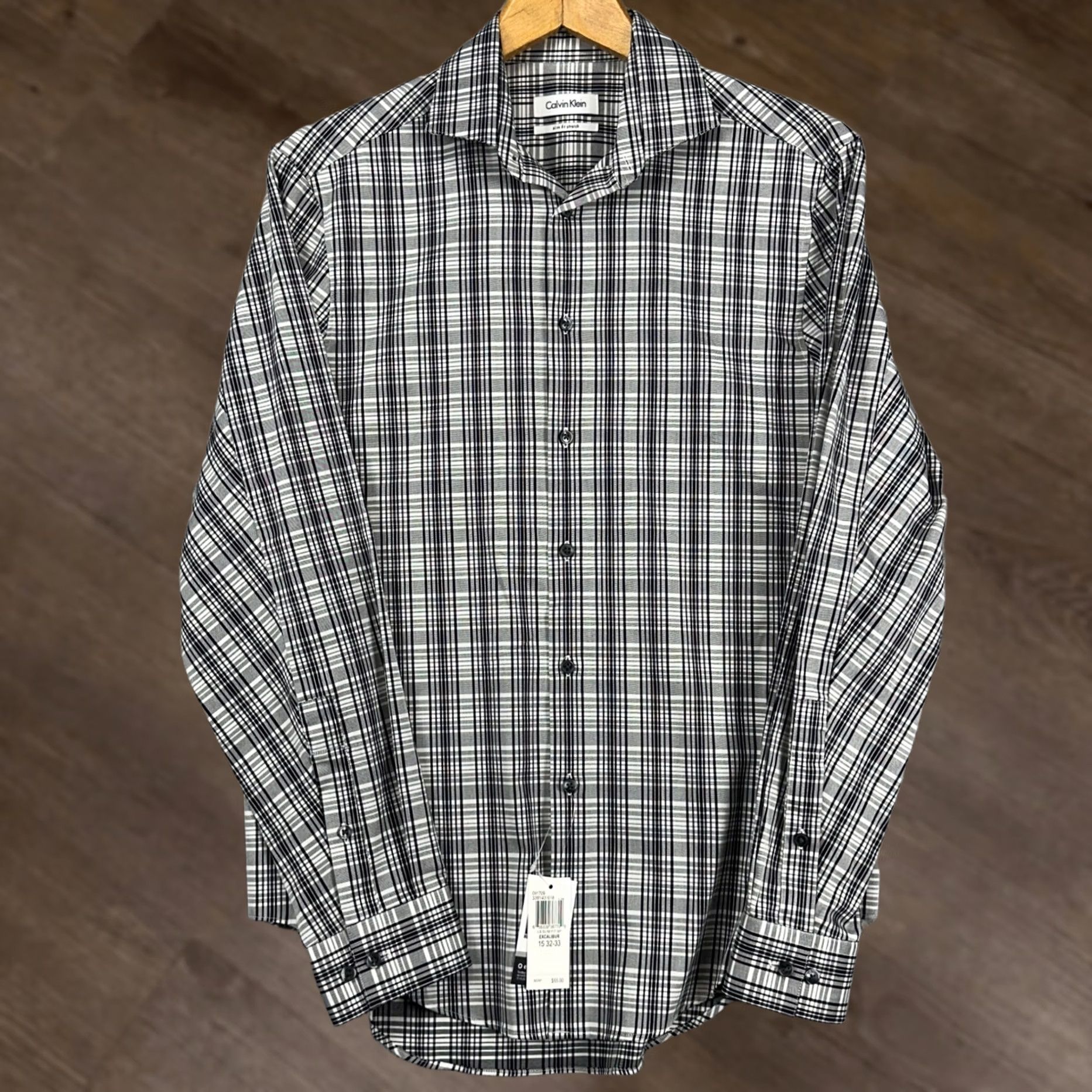 Calvin Klein Calvin Klein Mens Dress Shirt 15 32-33 Black White Plaid Long Sleeve Stretch NEW Size 40R - 1 Thumbnail