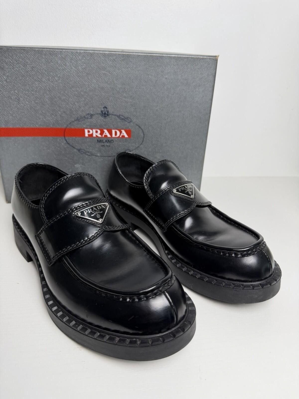 Prada Monolith Loafers Black Brushed Leather Men’s US 8.5