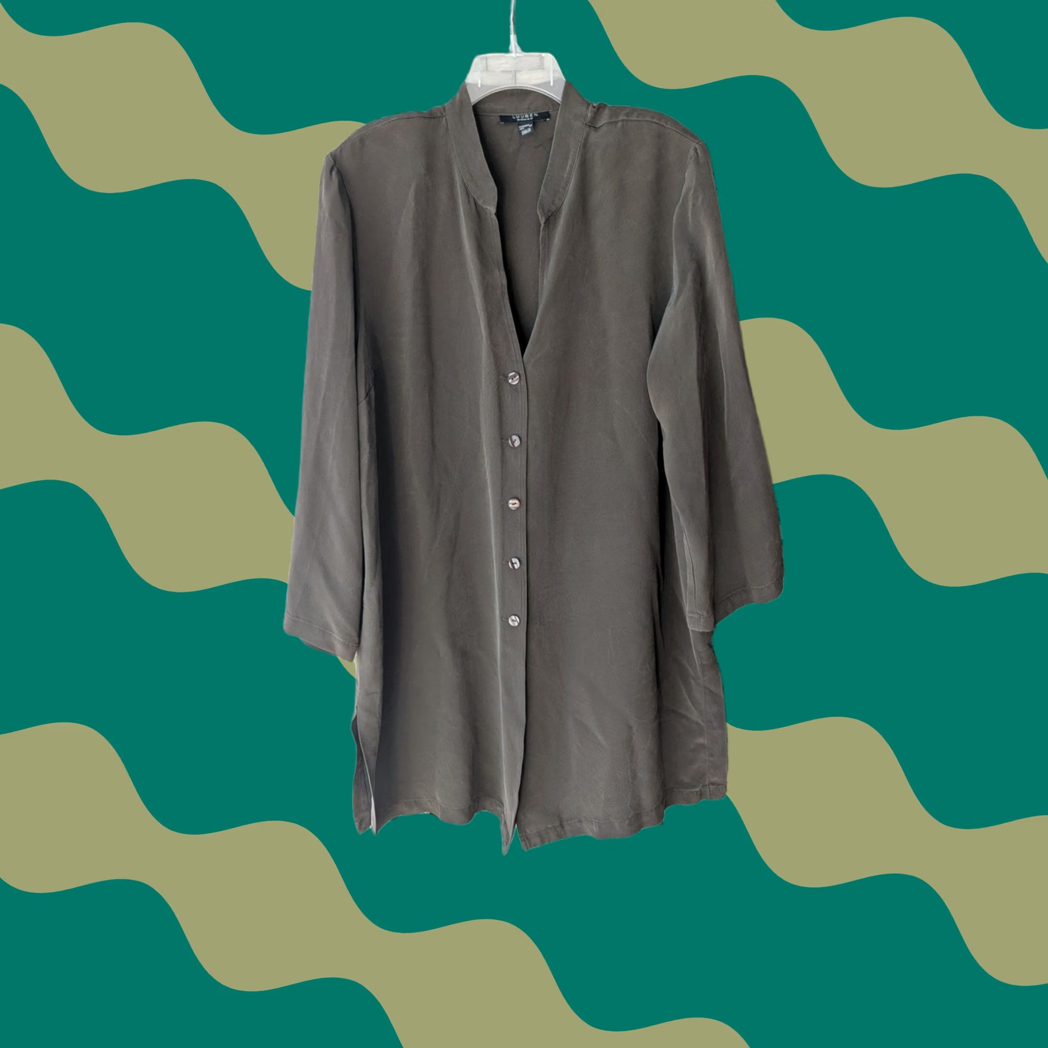 Vintage Louben Brown Button Front Tunic Blouse Split Collar Womens Sz 20 Made in Canada Size 3XL / US 20-22 - 1 Thumbnail