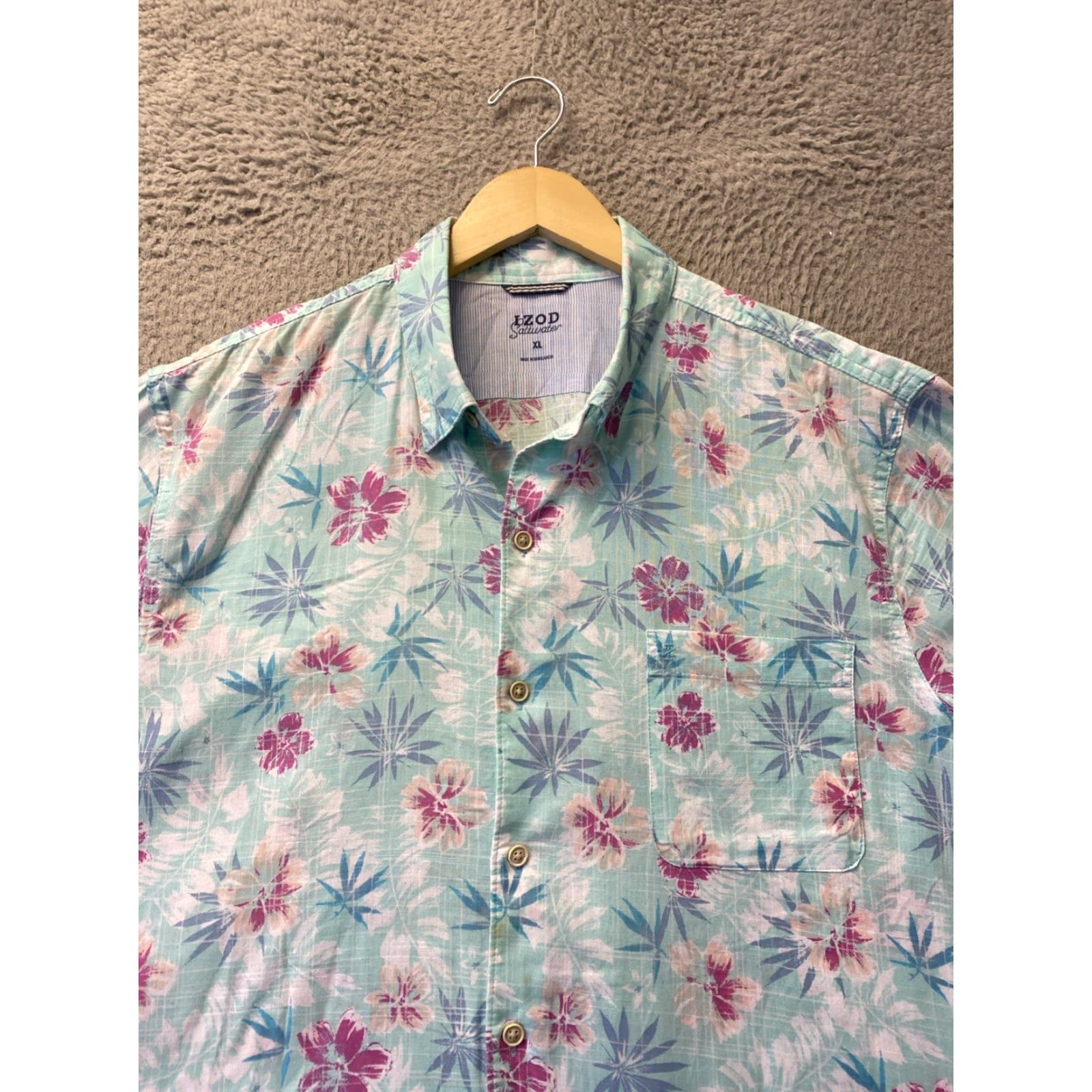 Izod IZOD Saltwater Men's Short Sleeve Cotton Button-Down Shirt XL Blue Floral Casual Size US XL / EU 56 / 4 - 2 Thumbnail