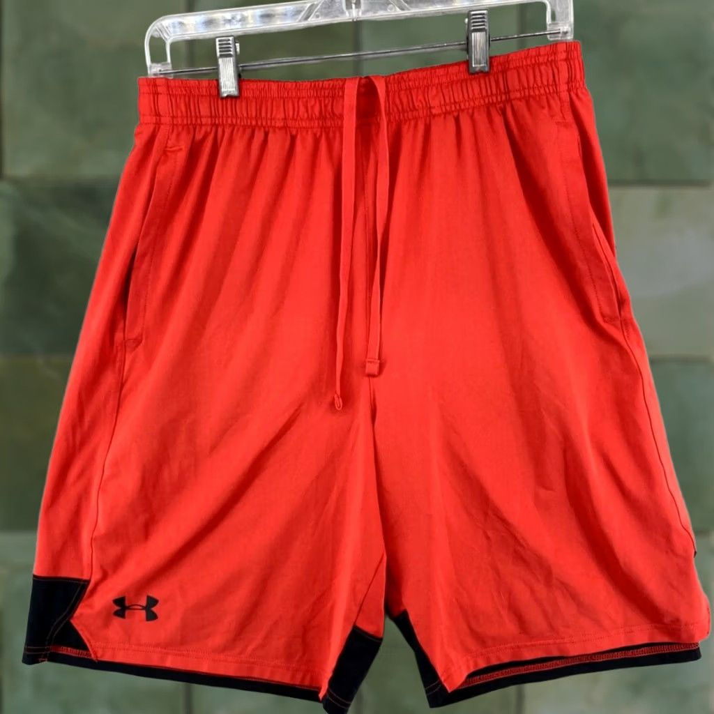 Under Armour Under Armour Mens Basketball Shorts L Red Heatgear Athletic Relaxed Open Drawstring Pockets 7in Inseam Polyester Blend Sport Casual Size US 33 - 1 Thumbnail