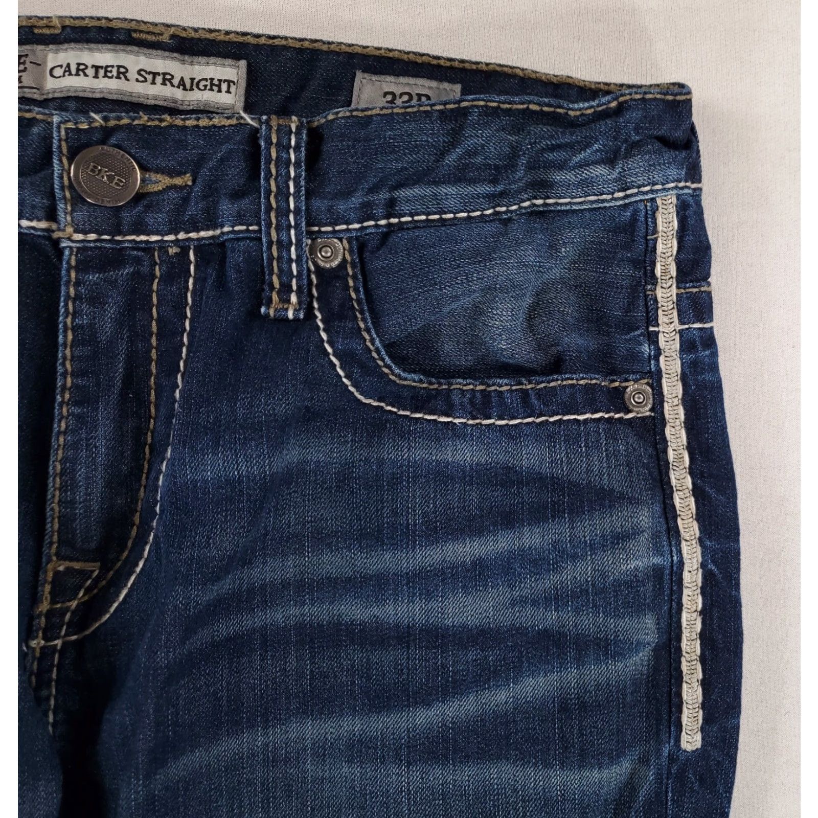 Vintage BKE Buckle Carter Straight Blue Jeans Embroidered 33R Mens 33 x 32 Blue Straight Jeans 33R Mens Size US 33 - 3 Thumbnail