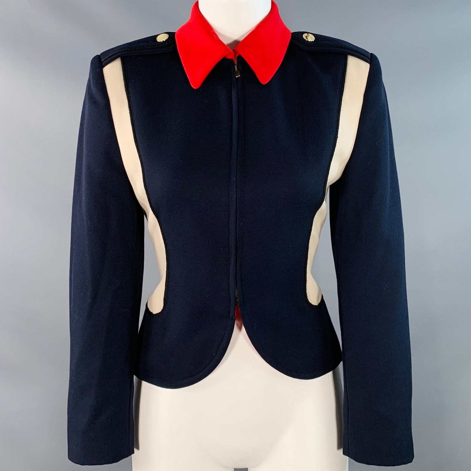 Emporio Armani Size 2 Navy Cream Red Wool Twill Color Block Epaulets Jacket Size XS / US 0-2 / IT 36-38 - 1 Thumbnail