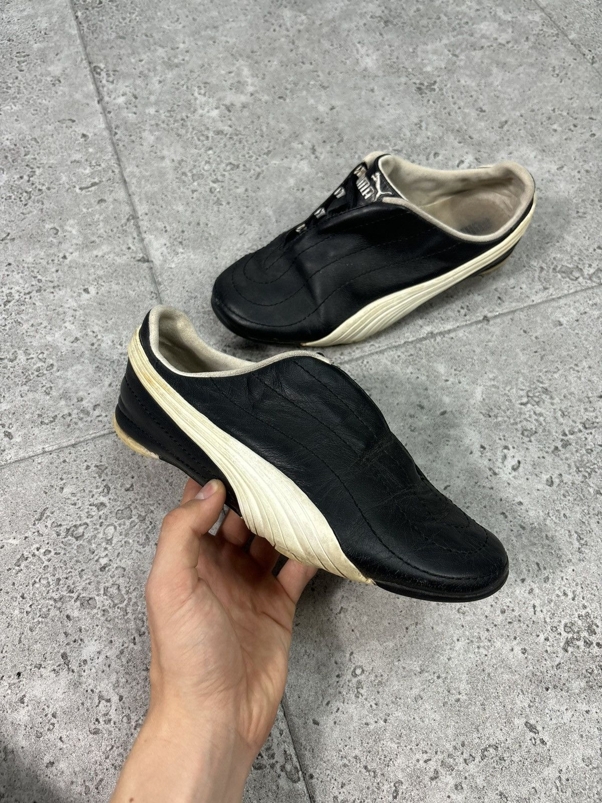 2000S Vintage Japan Trainers Black Leather Puma Speed Cat Shoes, Women's (Size 8)