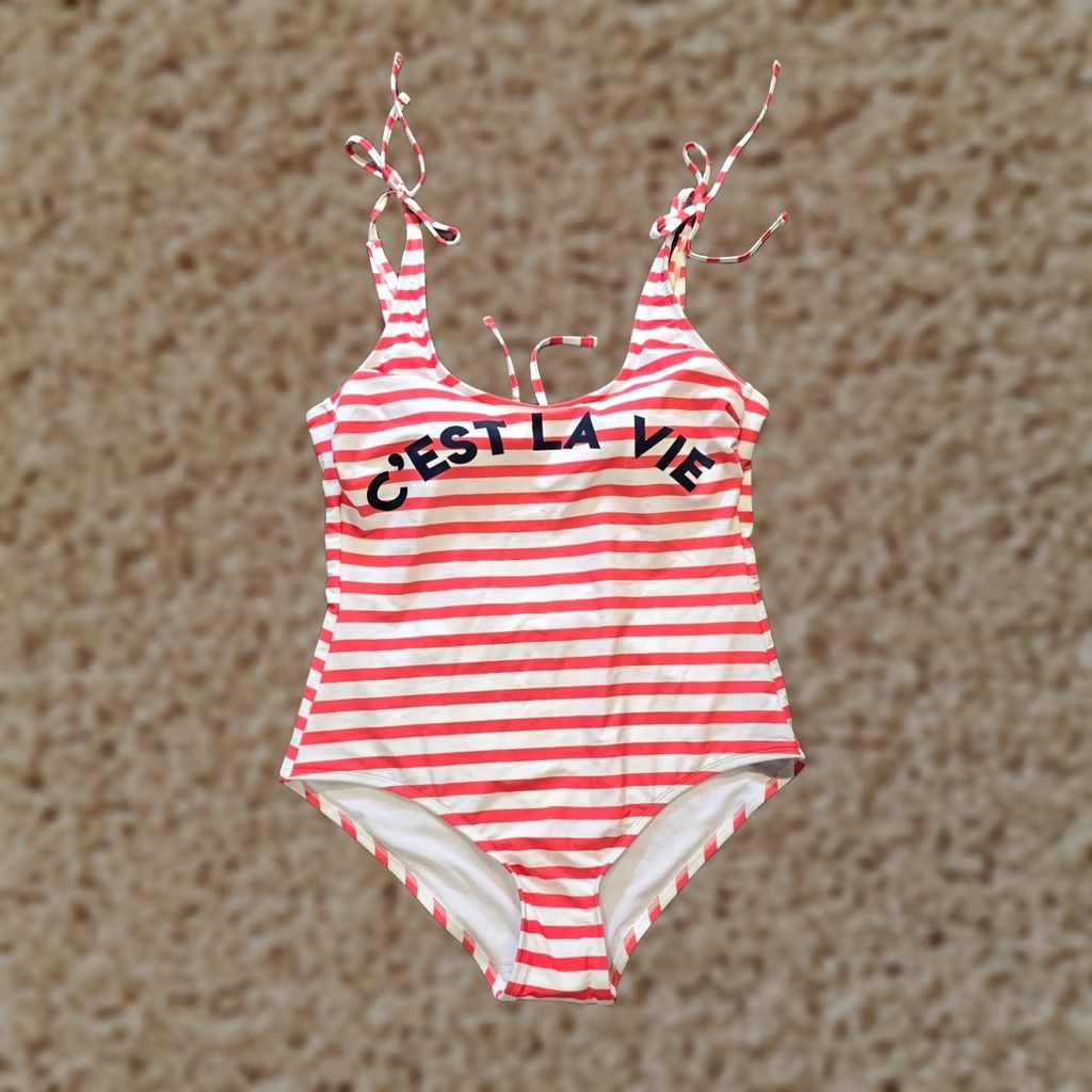 Vintage Kona Sol Swimsuit One Piece Womens XL Red White Striped French Sailor Low Cut Beach Pattern Nylon SS? Size ONE SIZE - 1 Thumbnail