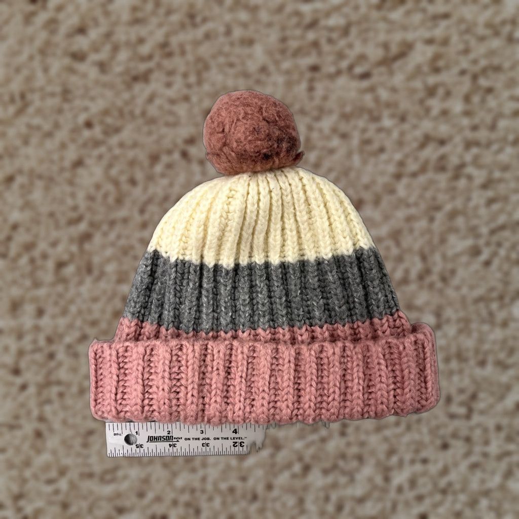 Pinko Unbranded Beanie Toque Womens One Size Pink Gray Ivory Knit 100% Acrylic Faux Fur Pom Size ONE SIZE - 1 Thumbnail