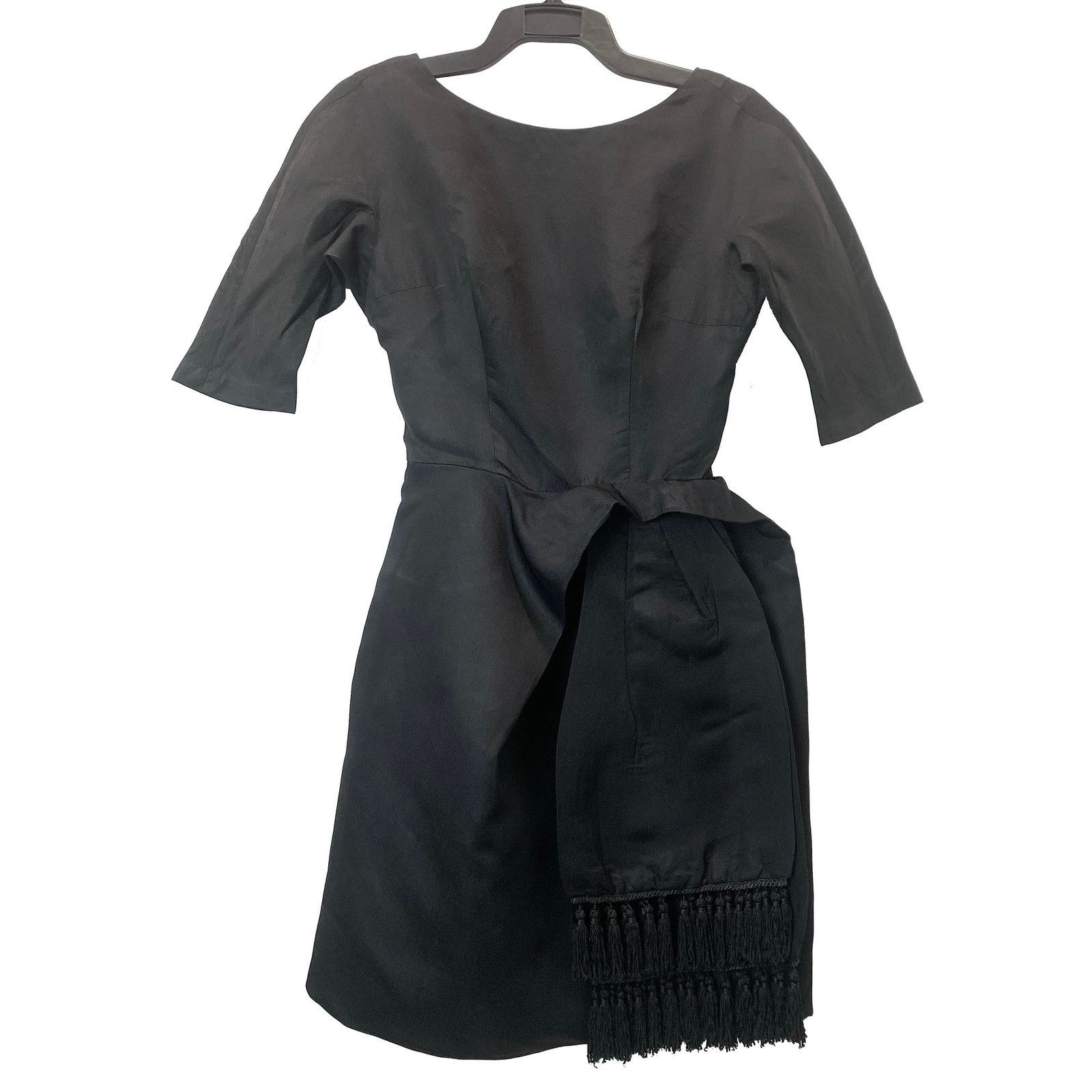 60s Black Cocktail Dress | Mid Century MOD Sash Fringe XS