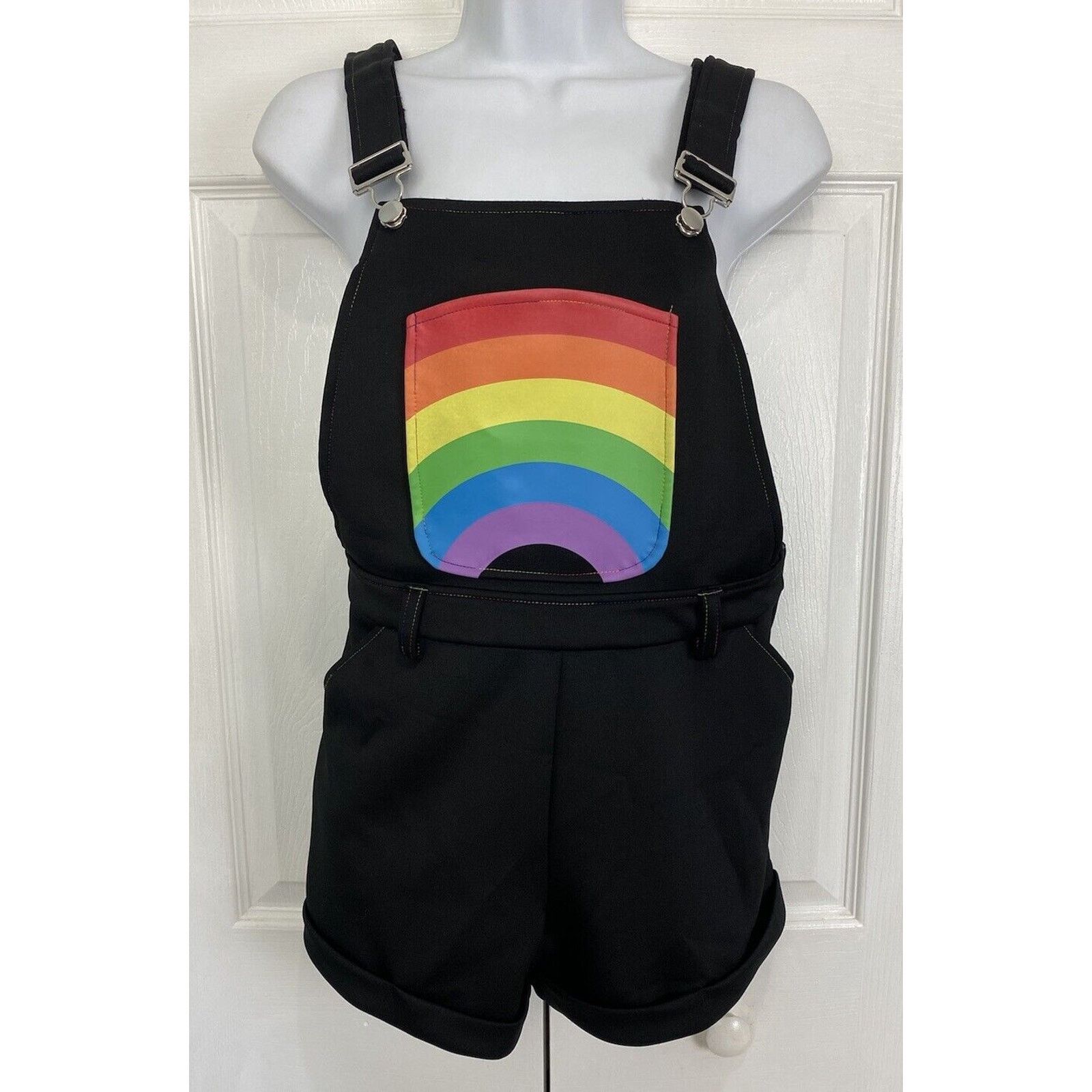 Other Hot Topic Rainbow Black Shortalls Rainbow Thread Overalls Size 28" / US 6 / IT 42 - 1 Thumbnail