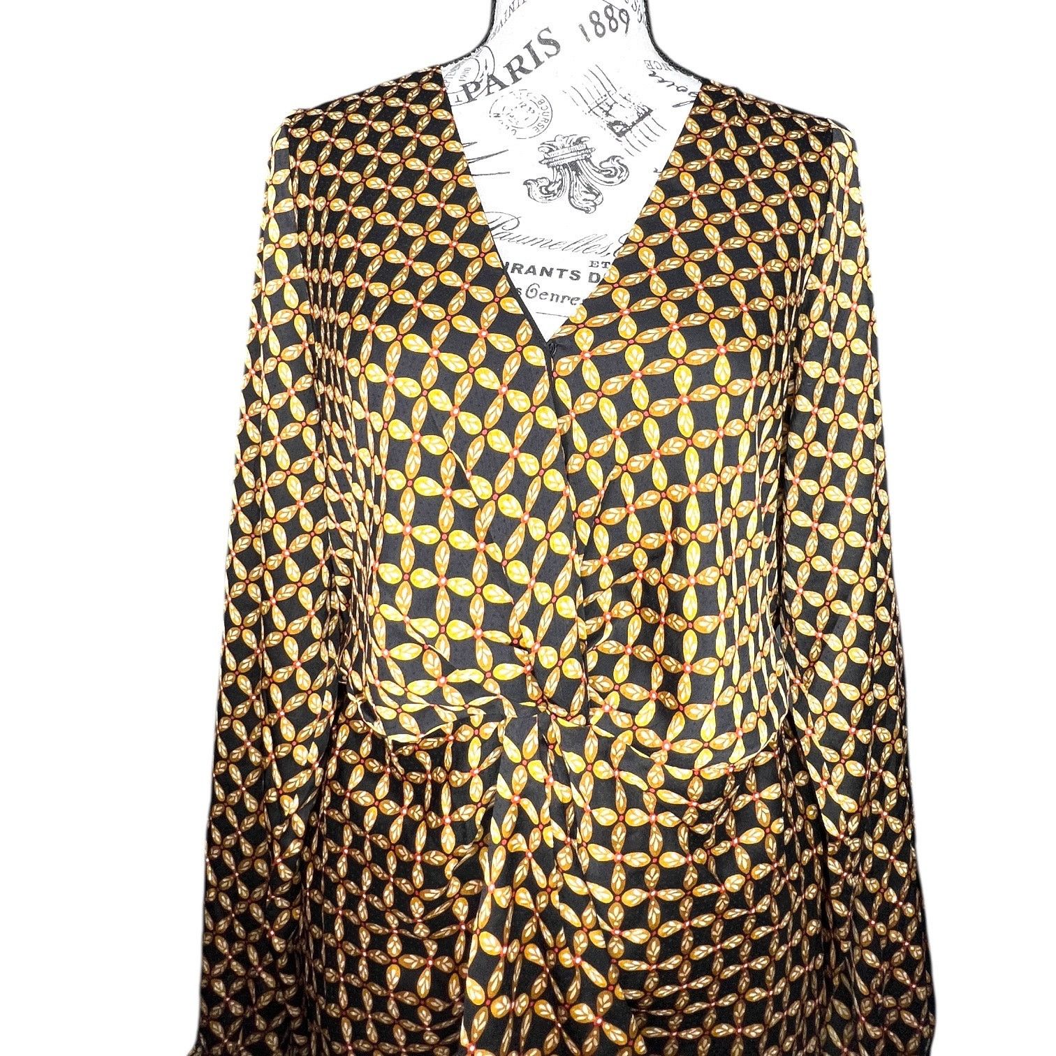 MINKPINK Gold Patterned Front Bunch Snap V Neck Valentina Mini Dress Size L / US 10 / IT 46 - 9 Thumbnail