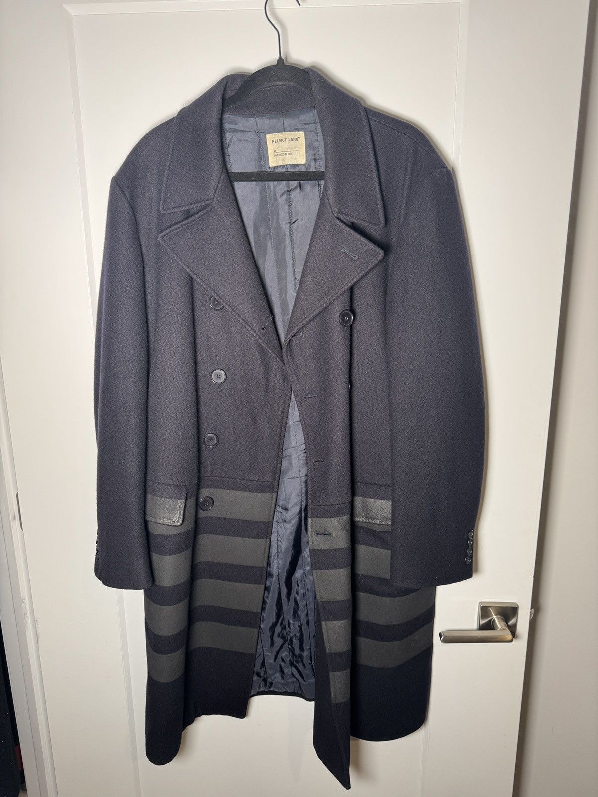Pre-owned Helmut Lang Archive 1997 Resin Stripe Wool Coat In Blue