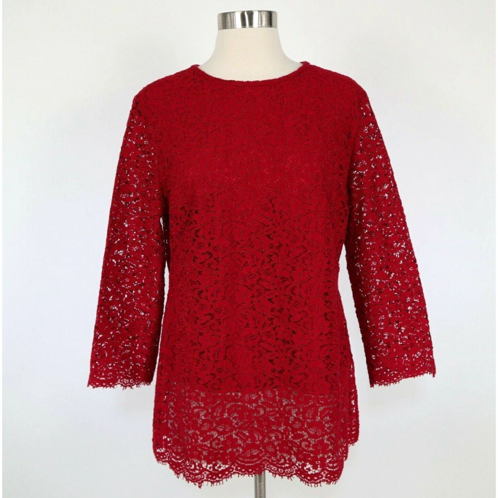 image of Boden Blouse Top Womens Us12 Red Lace Sheer 3/4 Sleeve Party Holidays Jennifer in White (Size XL)