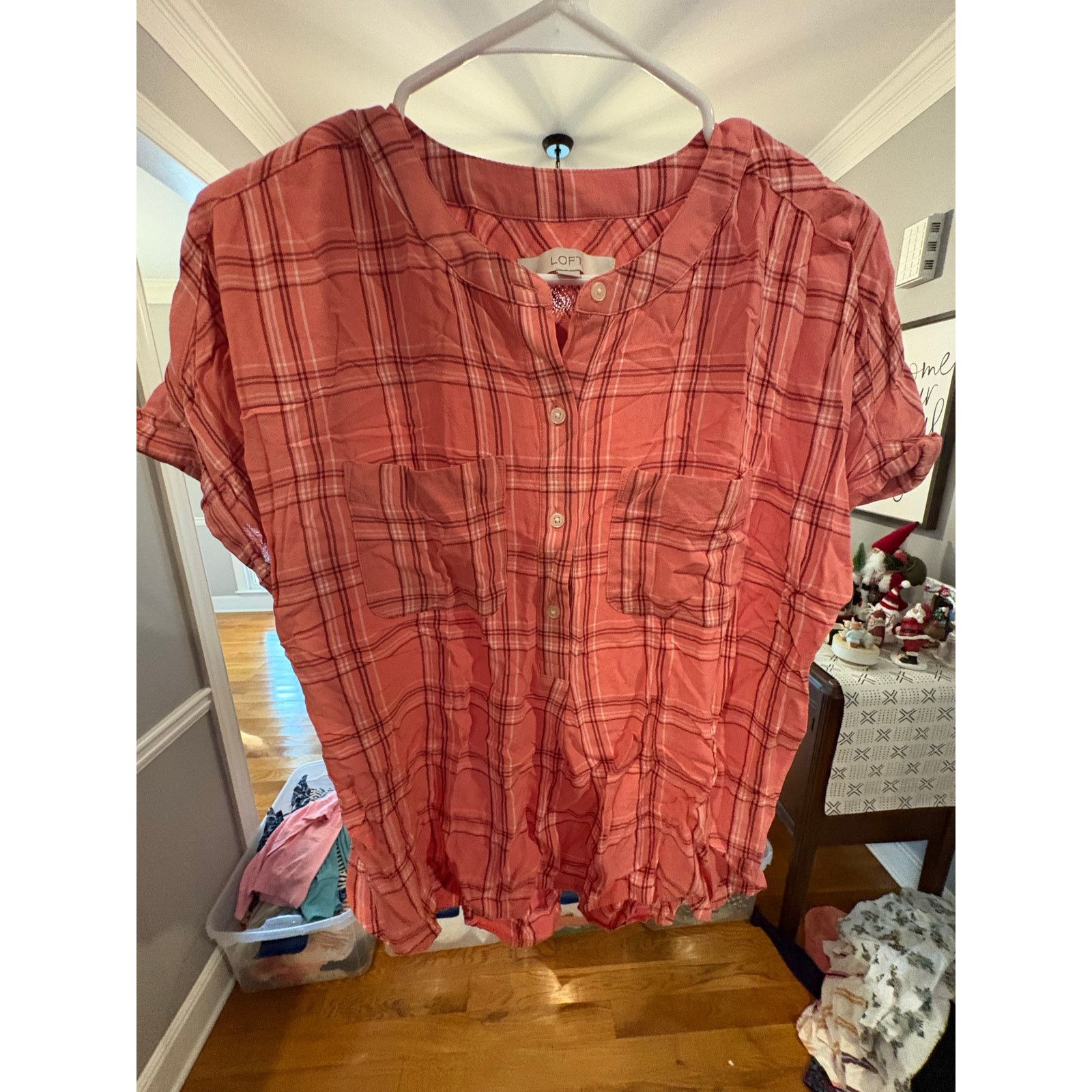 Loft LOFT XS Coral Plaid Button Front Blouse Short Sleeve Size XS / US 0-2 / IT 36-38 - 2 Thumbnail