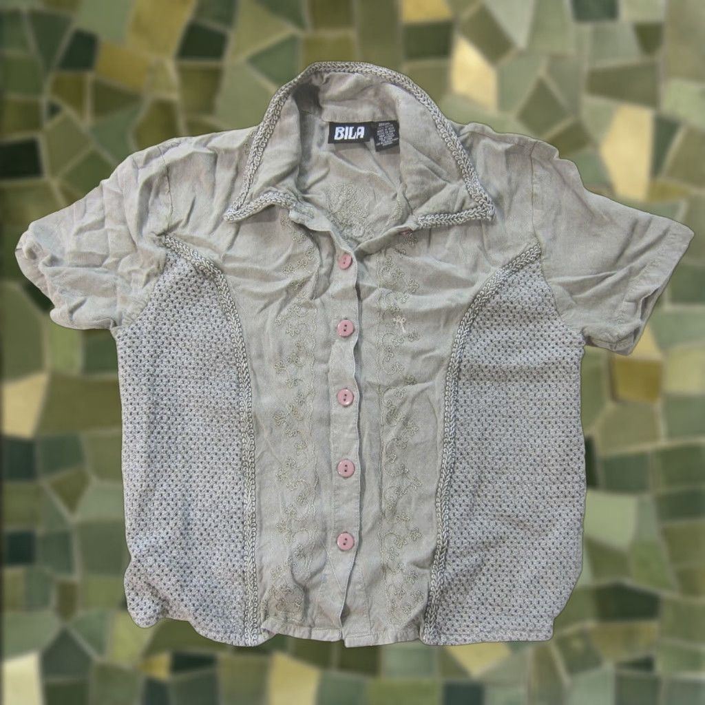 Vintage Bila 100% Rayon Green Embroidered Collared Button Down Short Sleeve Shirt Medium Size M / US 6-8 / IT 42-44 - 1 Thumbnail