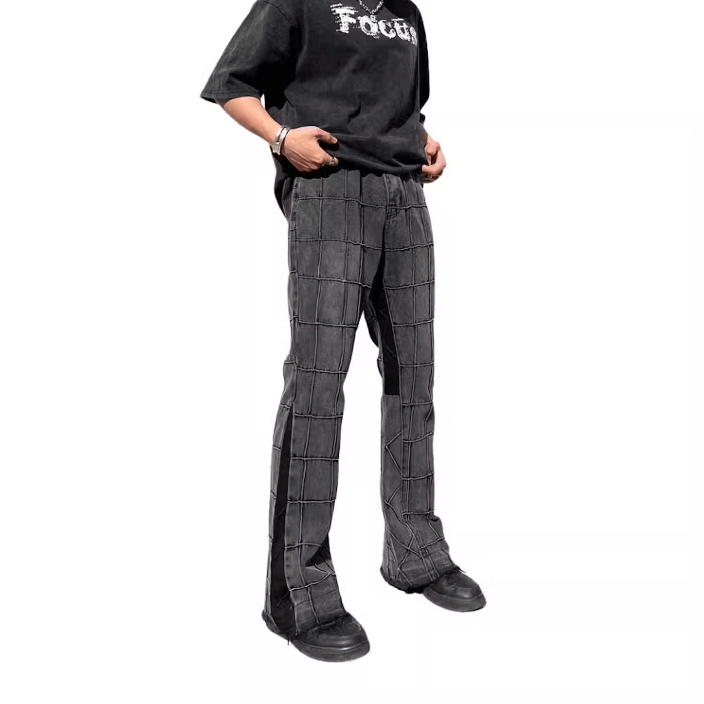 image of Gray Plaid Stacked Jeans in Grey, Men's (Size 34)