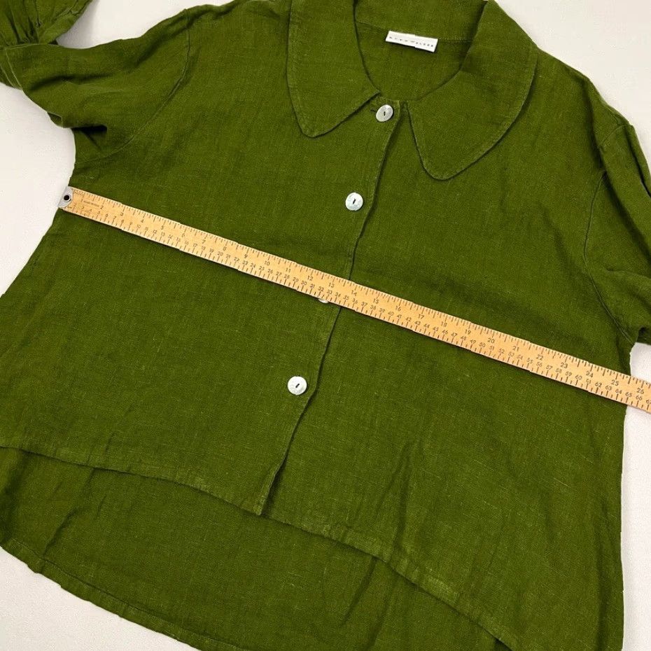 Bryn Walker Top Womens M Green Oversized 100% Linen MOP Buttons Ruffle Lagenlook
