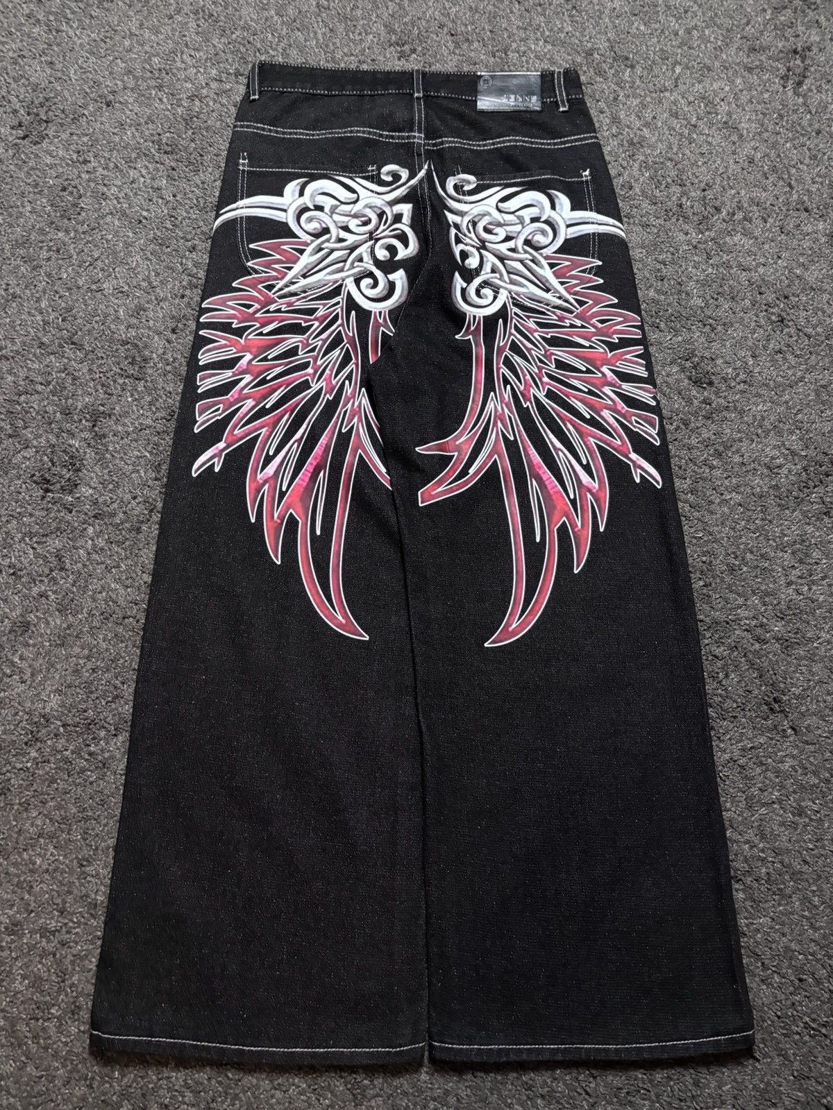 Jean × Vintage Vintage rare tribal angel wings cross red black baggy jeans Size US 33 - 1 Thumbnail