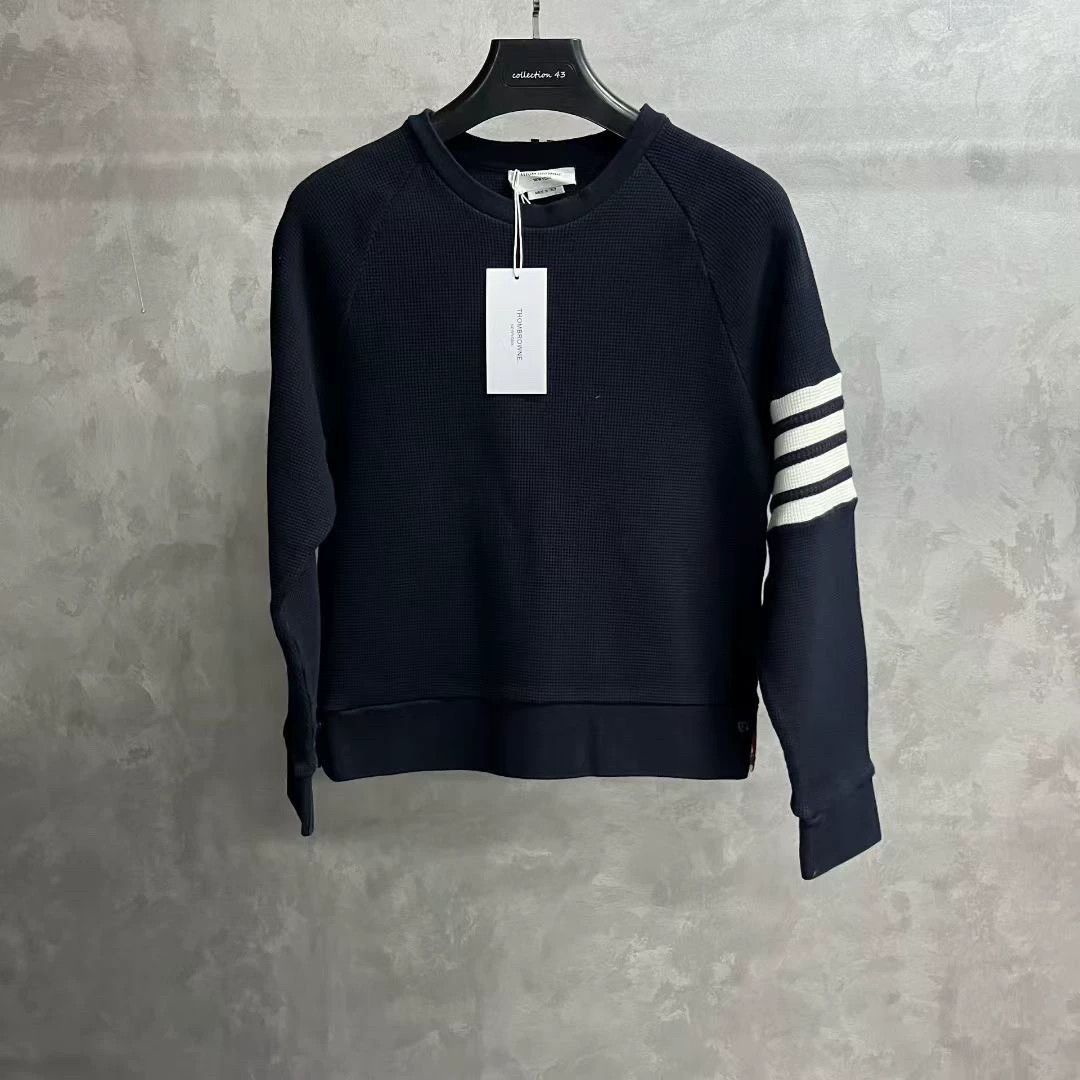 thom browne navy waffle long sleeve sweatshirt