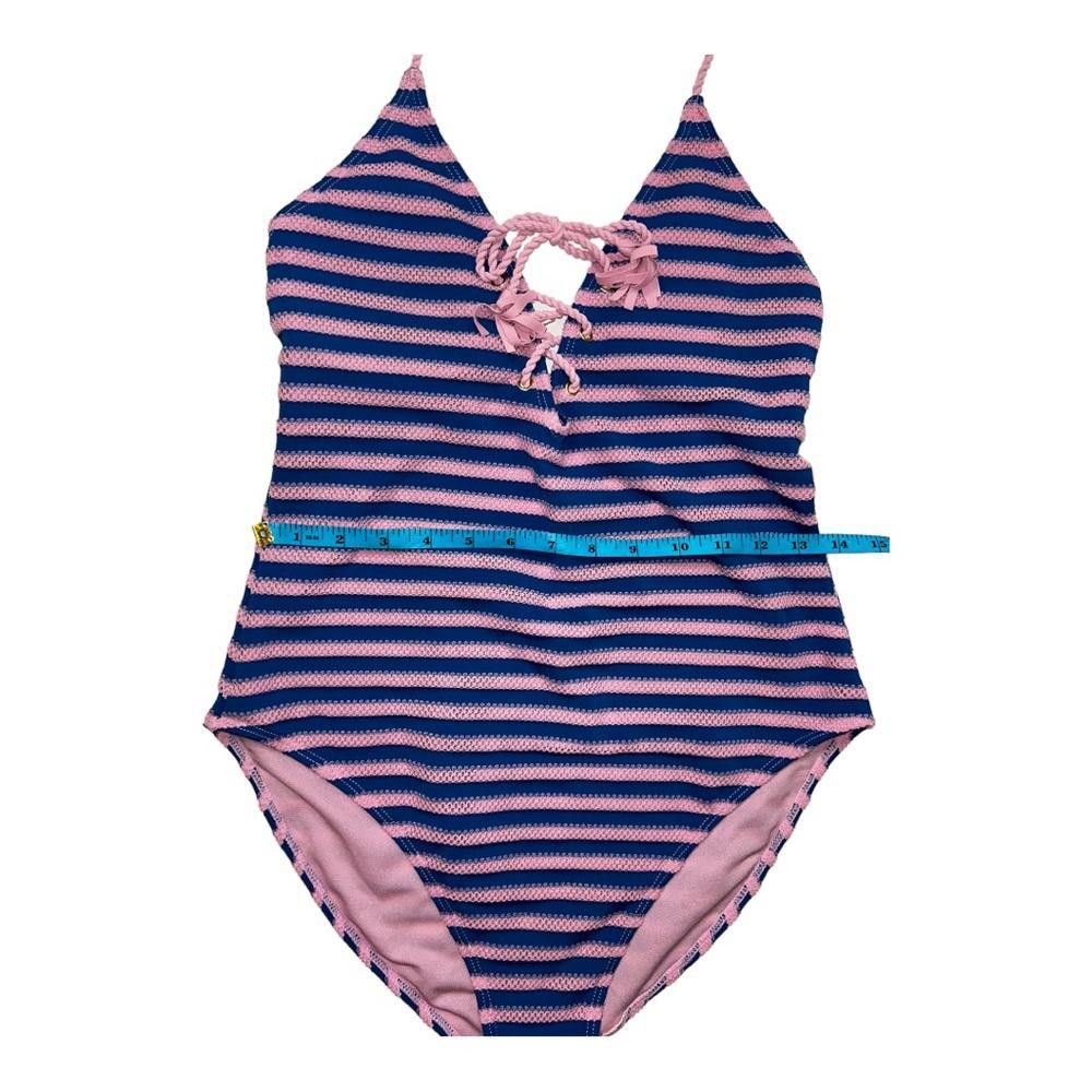 Designer Pink & Blue Striped Halter One Piece Swimsuit Large Size ONE SIZE - 4 Thumbnail