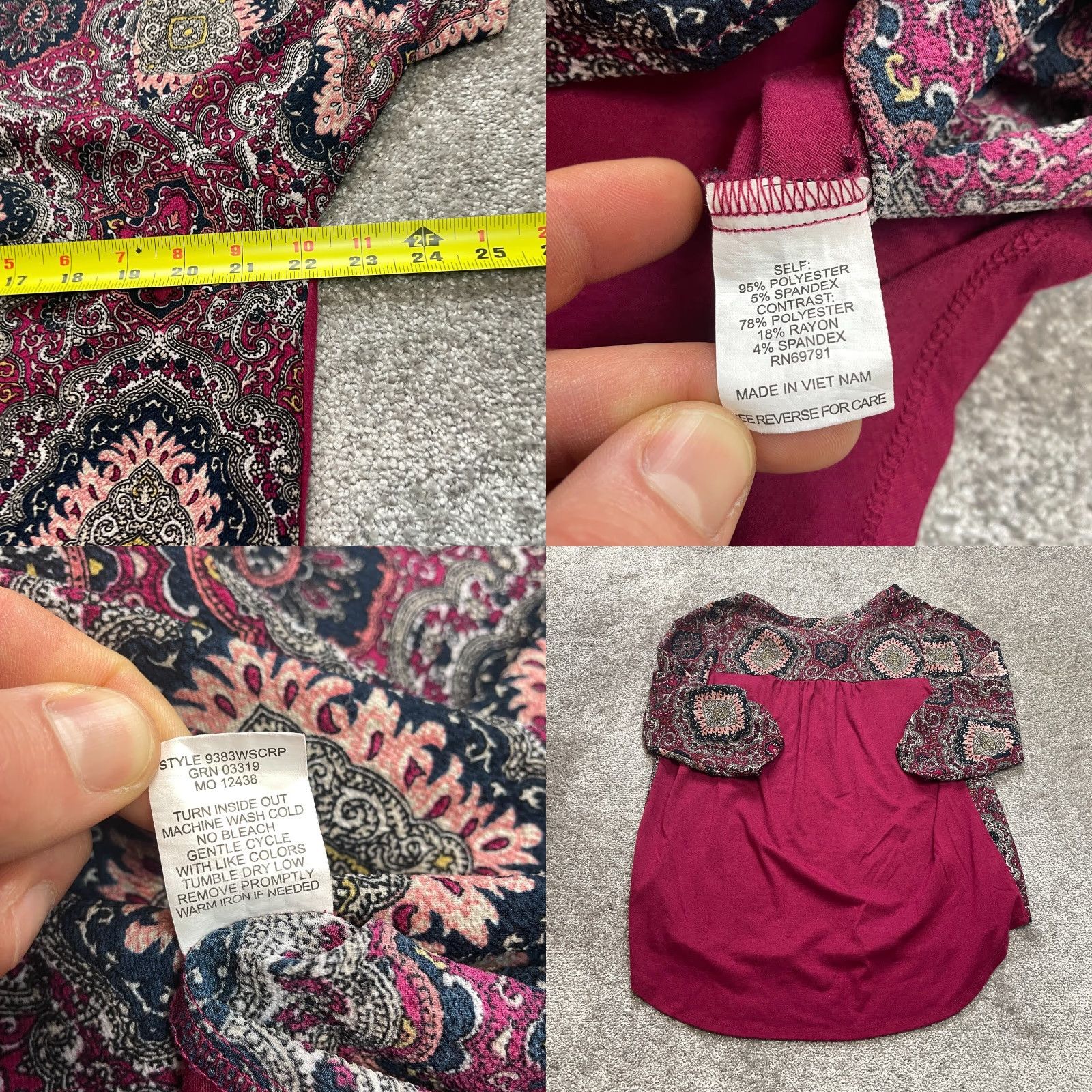Vintage Dina and Ariel Blouse Top Womens 1X Dark Red Jacobean Long Sleeve V Neck Ladies Size XL / US 12-14 / IT 48-50 - 8 Thumbnail