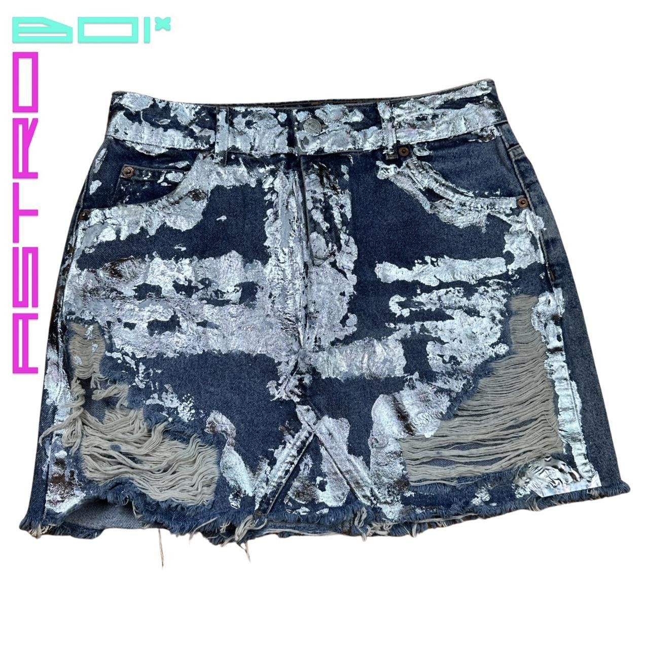 ASTROBOI* CUSTOM METALLIC FOIL BLUE DENIM SKIRT _ SIZE 4