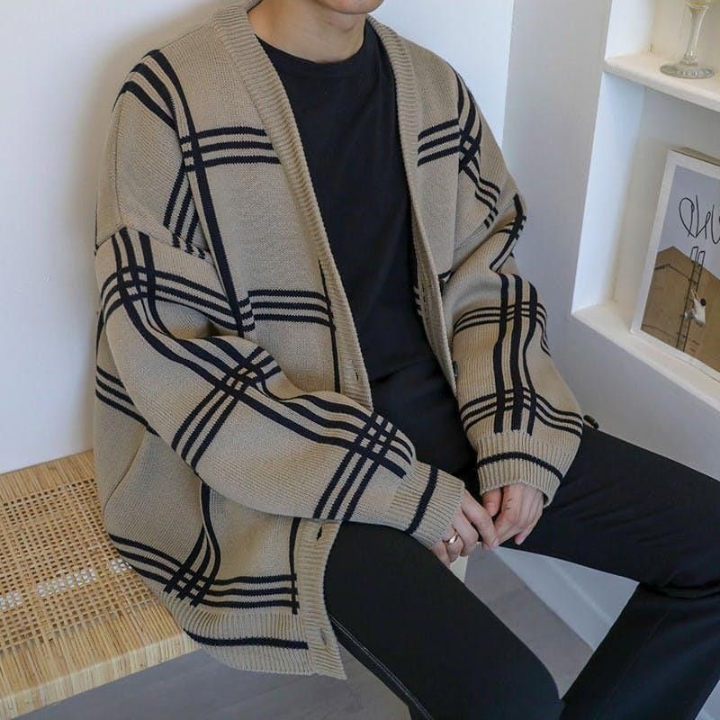 image of Flannel Beige Cardigan Sweater, Men's (Size Medium)