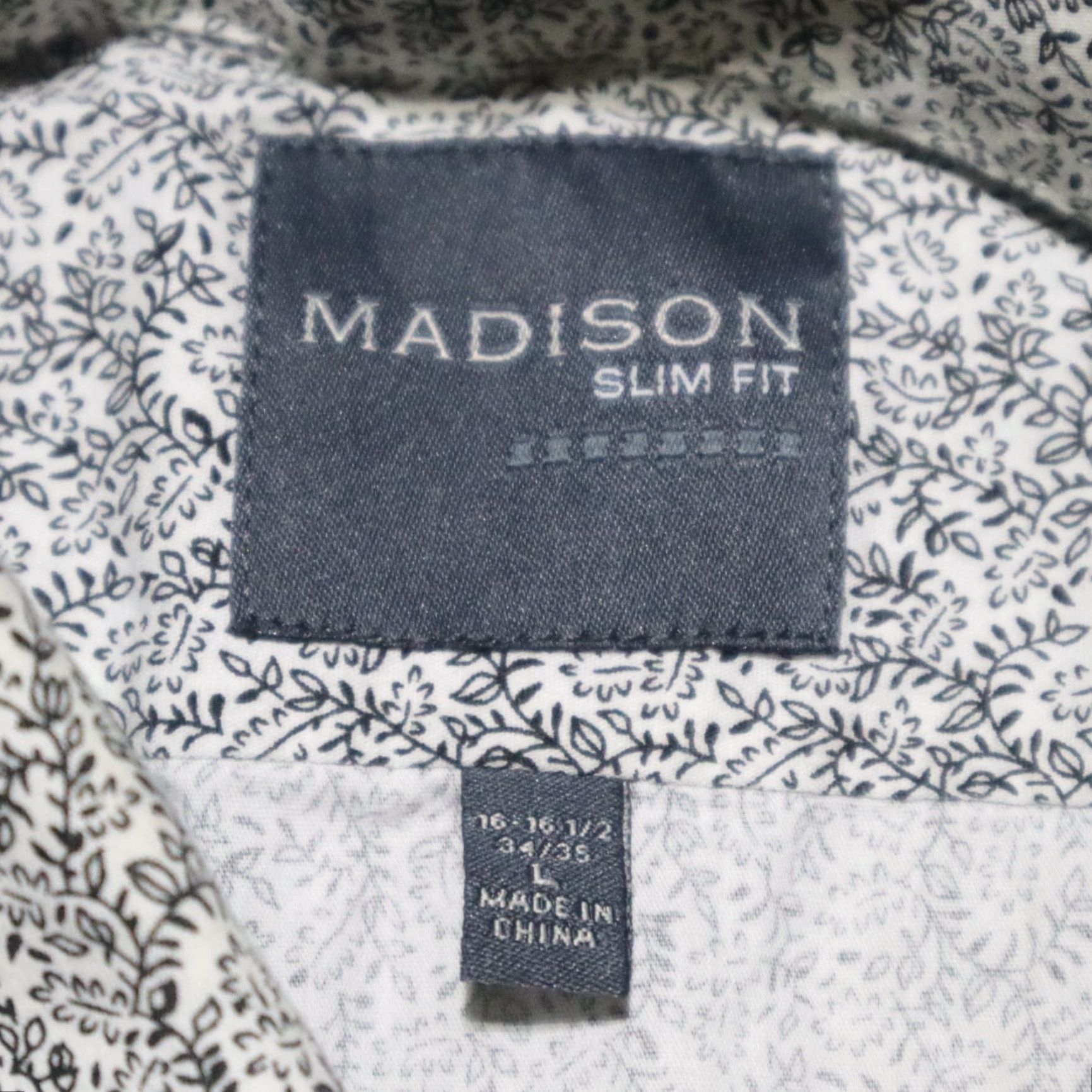 Madison Madison Dress Shirt Mens Size L Large 16.5 Slim Fit White Black Leaf Button Down 100% Cotton Multicolor Plaid Pattern Size 42R - 3 Thumbnail