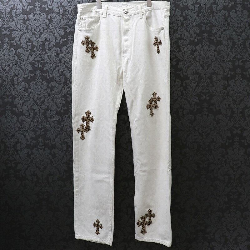 image of Chrome Hearts Leopard Cemetery Cross Denim Jeans in White, Men's (Size 31)