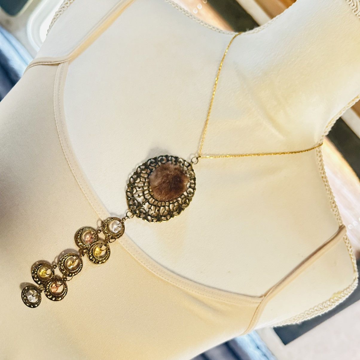 Handmade Handcrafted mink brass medallion crystal chandelier necklace Size ONE SIZE - 1 Thumbnail