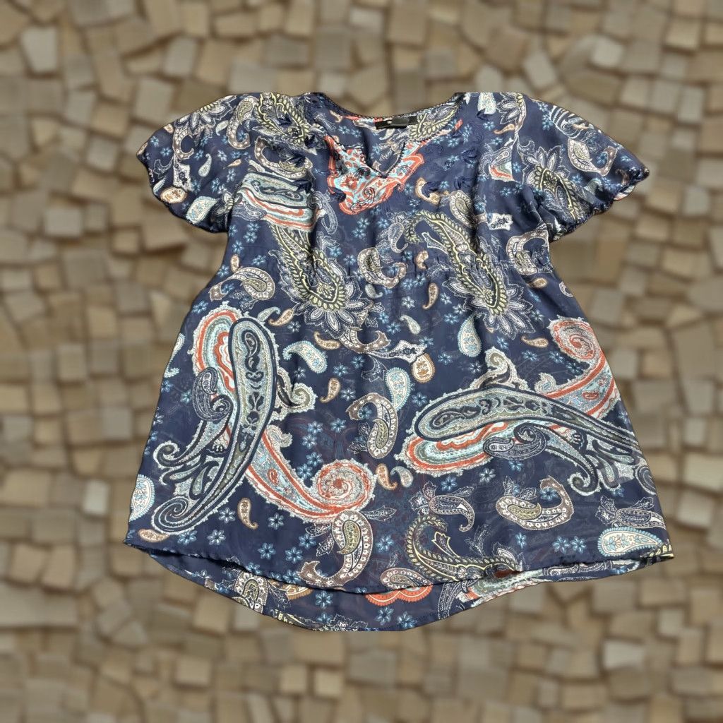 Vintage Style&Co. Blouse Blue Pasley Round Neck Short Sleeve Embroider Semi Sheer Size 4 Women, Casual, Regular, Basic Size S / US 4 / IT 40 - 1 Thumbnail