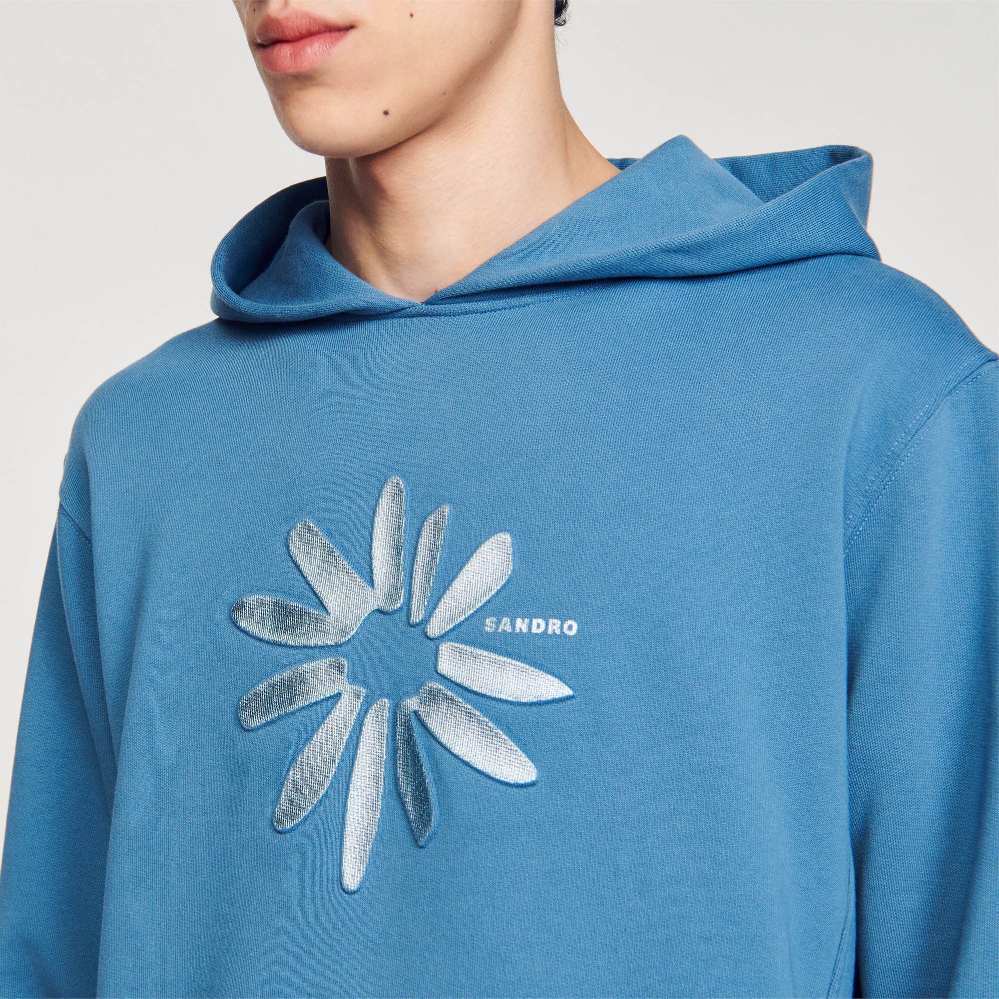 Sandro Sandro Paris Blue Cotton Glossy Flower Appliqué Hoodie M Size US M / EU 48-50 / 2 - 7 Thumbnail