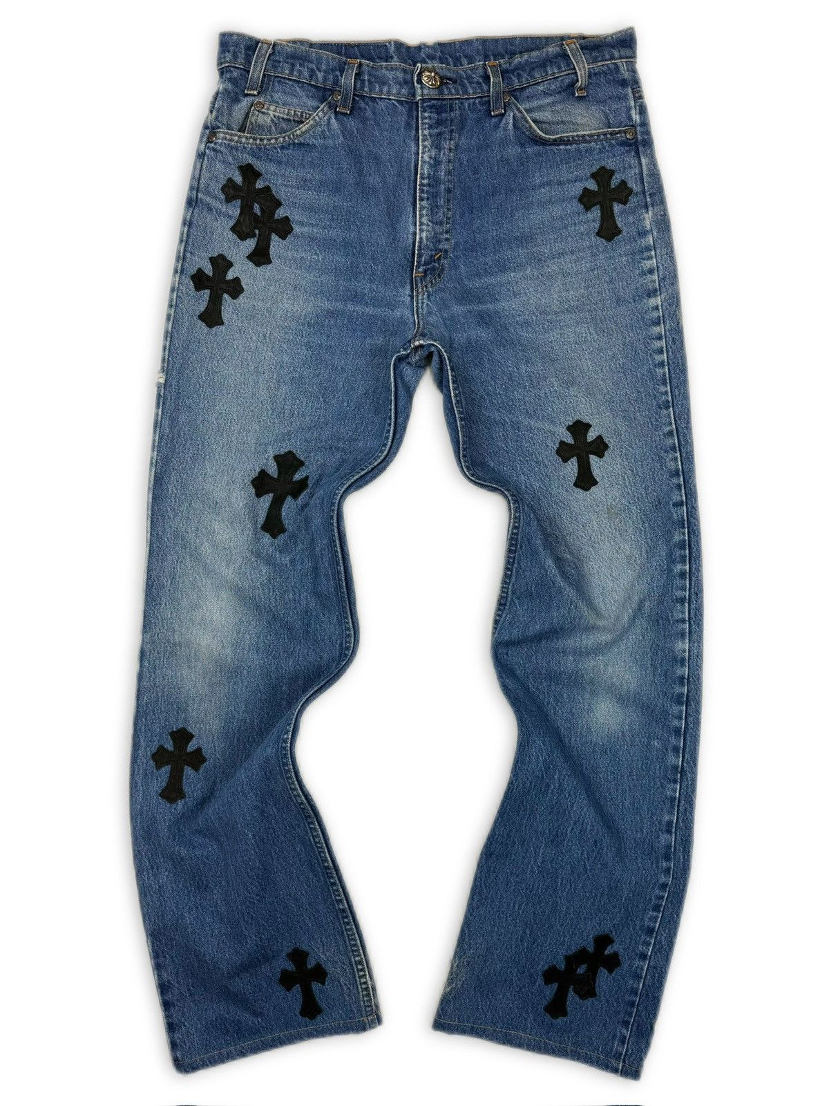 【Chrome Hearts】Flare Knees Damage Denim Chrome Hearts Gallery Dept Cross Patch Flare Denim Jeans