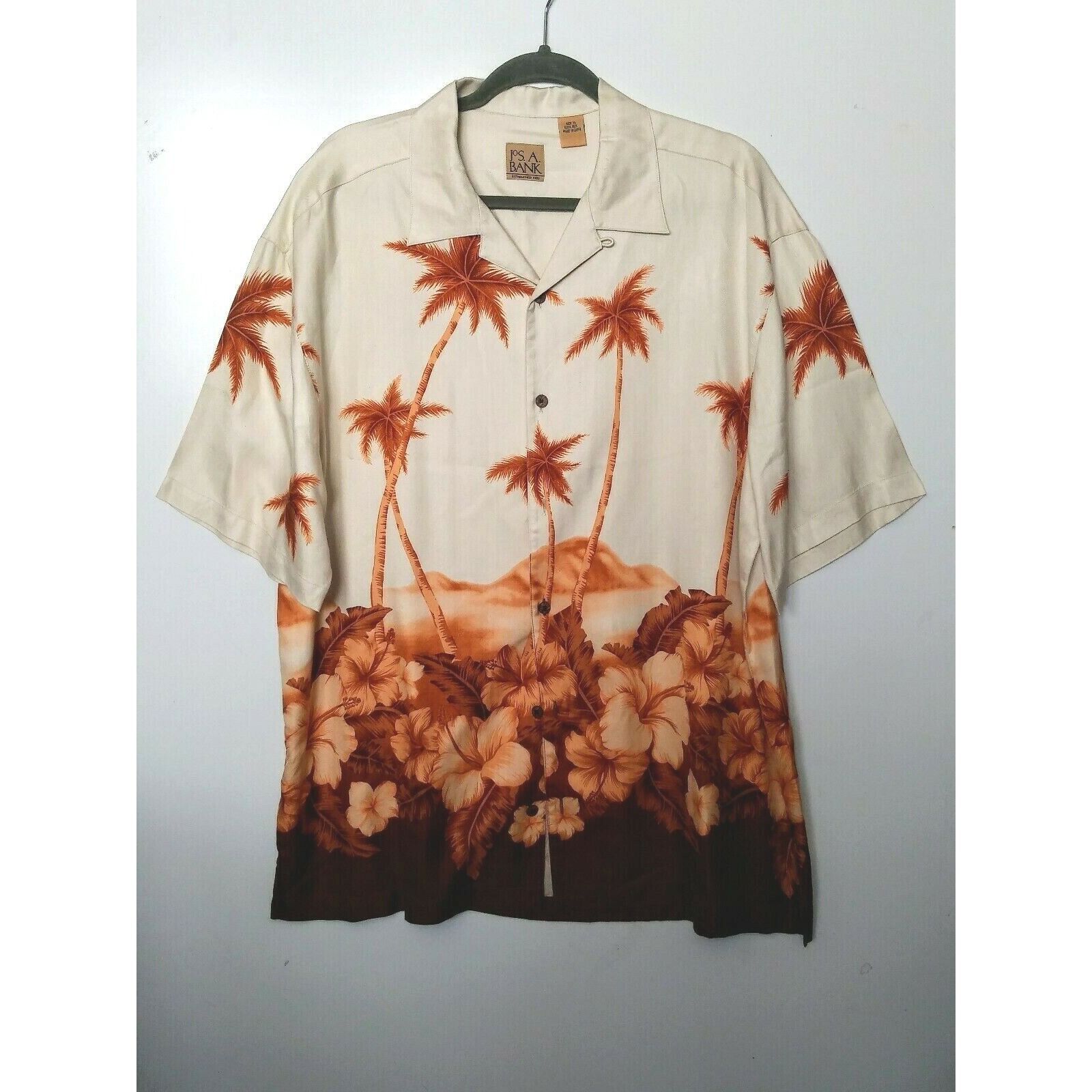 Jos. A. Bank Jos A Bank Mens Silk Hawaiian Shirt XL Button Up Cream Brown Size US XL / EU 56 / 4 - 8 Thumbnail