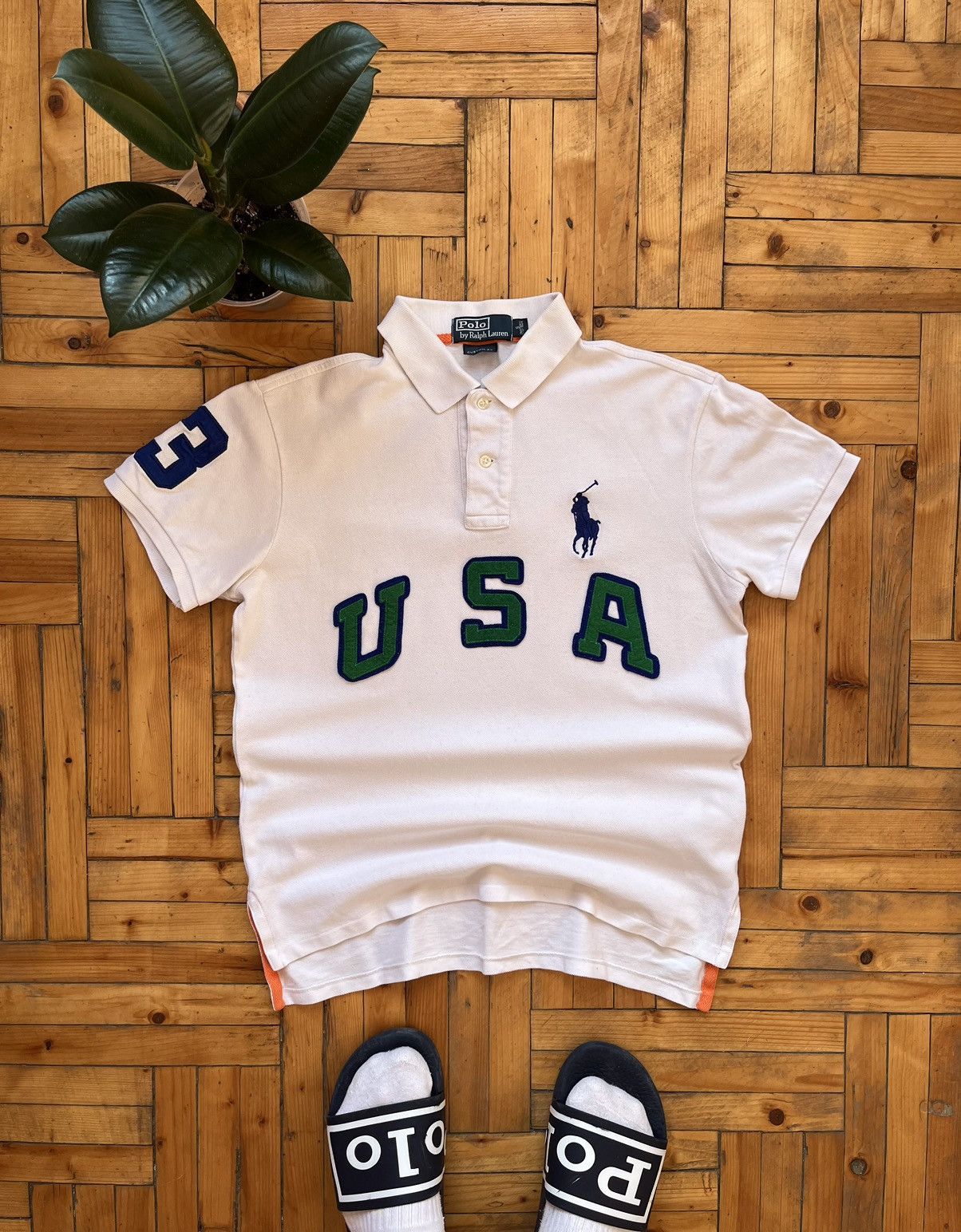 Pre-owned Polo Ralph Lauren X Vintage Polo Ralph Laurent Usa Big Logo Polo T-shirt In White