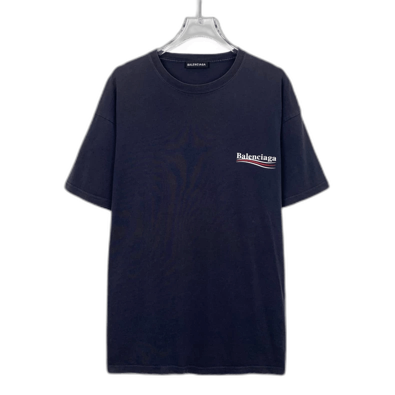 Balenciaga navy blue logo printed round neck cotton short sleeve T