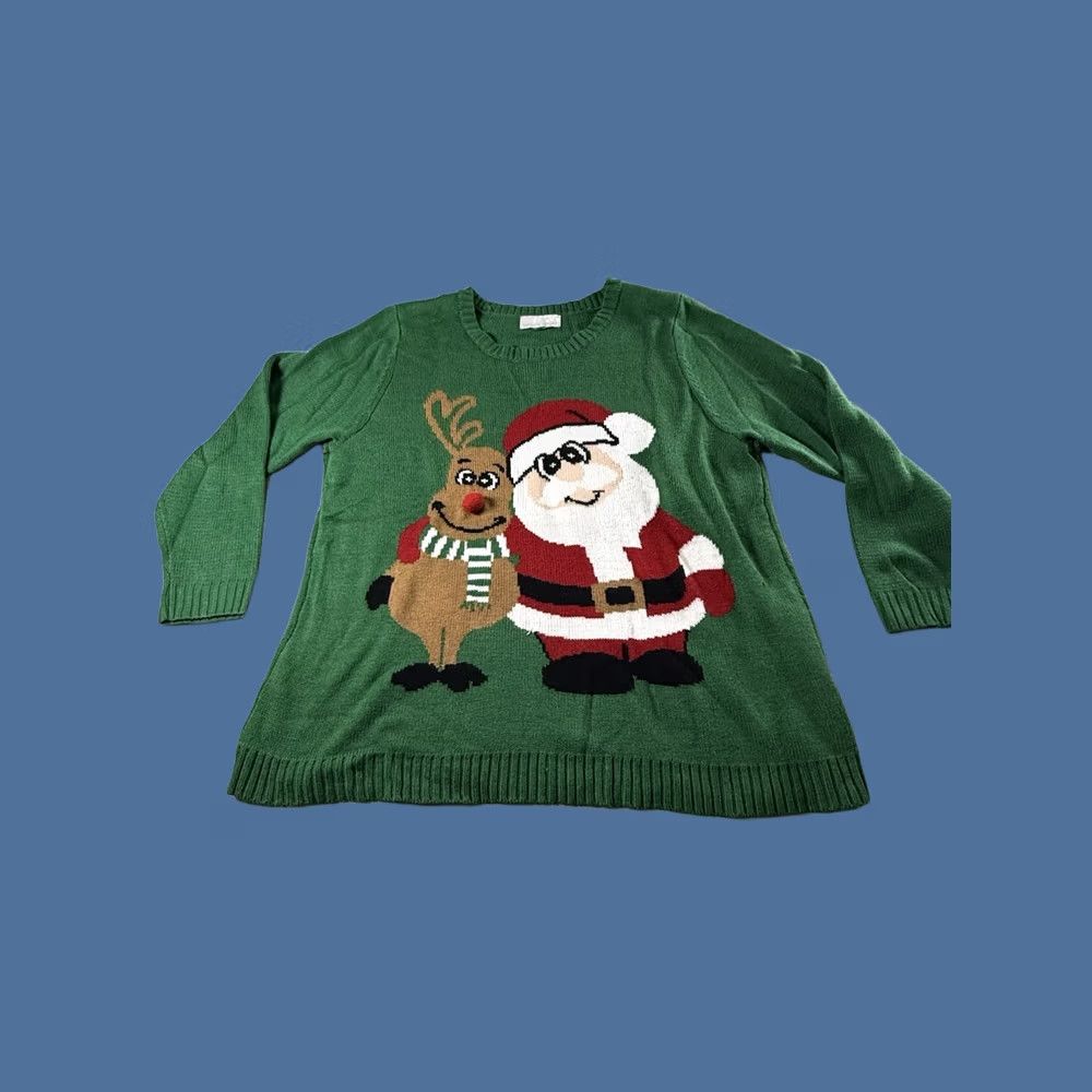 Vintage VINTAGE Santa & Reindeer Green Christmas Holiday Sweater? Size XXL / US 16-18 / IT 52-54 - 1 Thumbnail