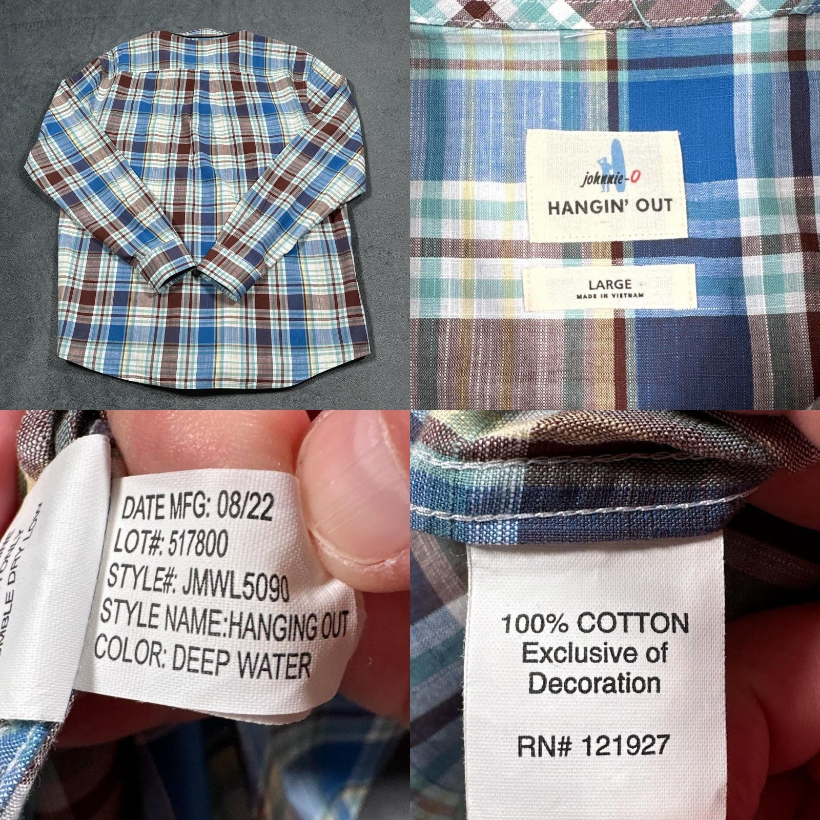 johnnie-O Johnnie-O Men's Shirt Large Blue Brown Plaid Cotton Casual Button-Down Long Sleeve Preppy Size US L / EU 52-54 / 3 - 8 Thumbnail