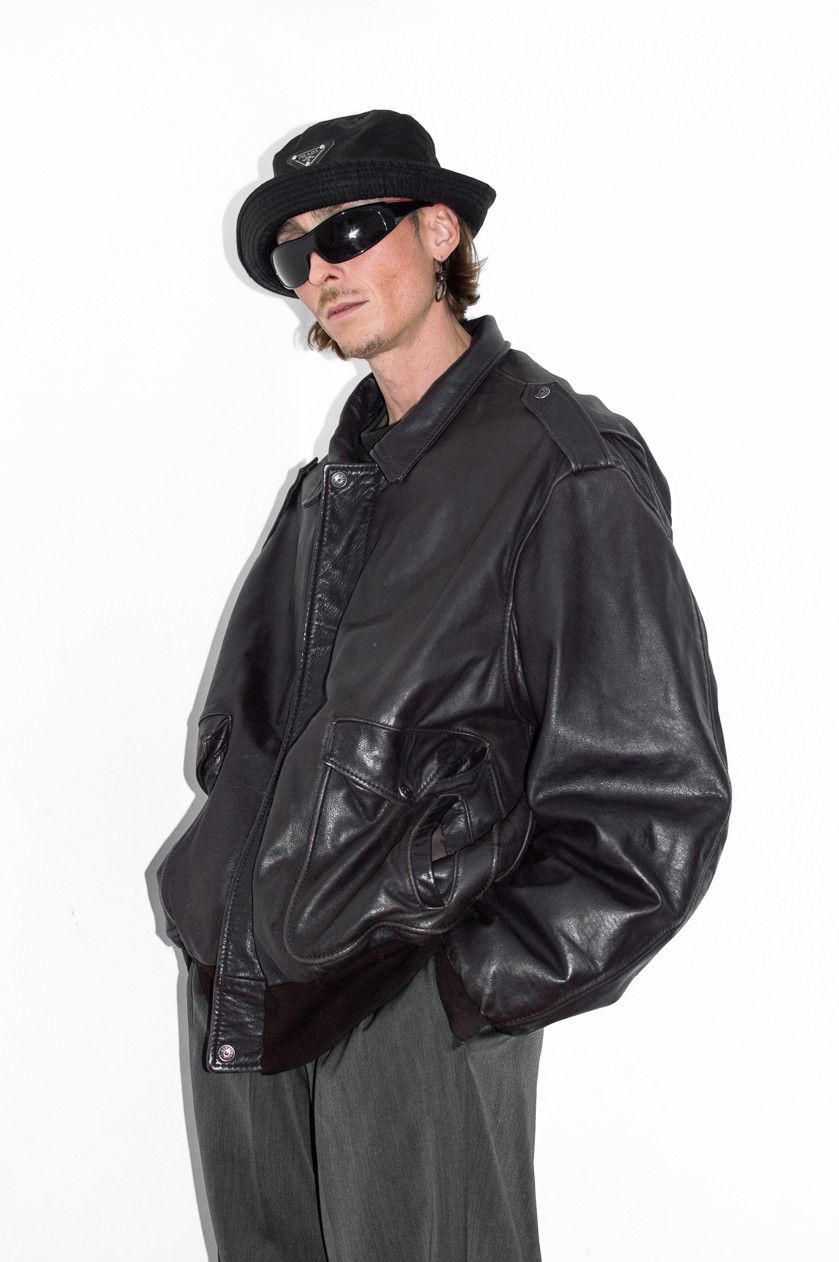 image of Vintage 90's Oversize Genuine Leather Zip Trough Bomber Jacket in Black Brown, Men's (Size 2XL)