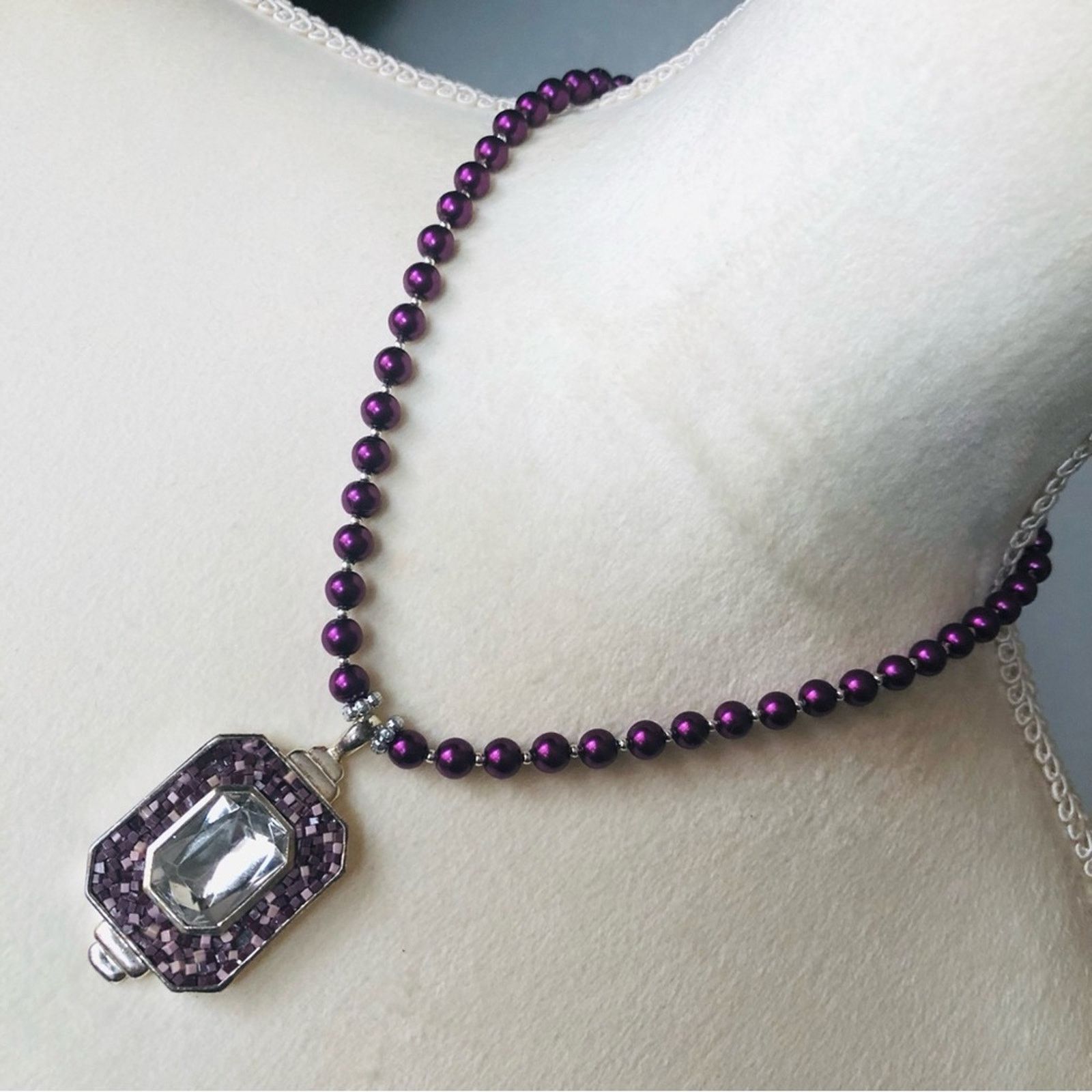 Handmade Handcrafted repurpose vintage mosaic pendant Pearl necklace Size ONE SIZE - 1 Thumbnail