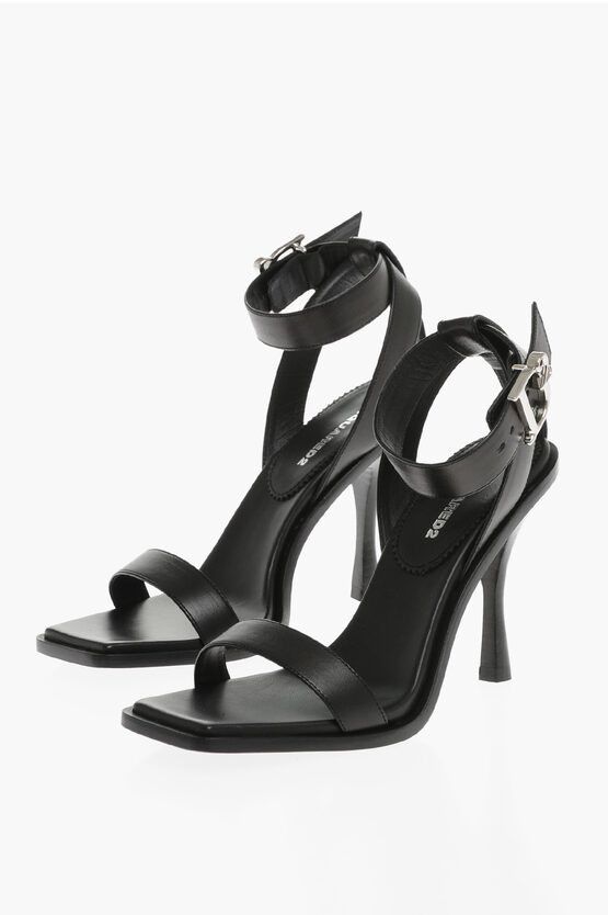 image of Dsquared2 Leather Ankle-Strap Sandals With Silver-Tone Buckle Heel Shoes 10C in Black, Women's (Siz