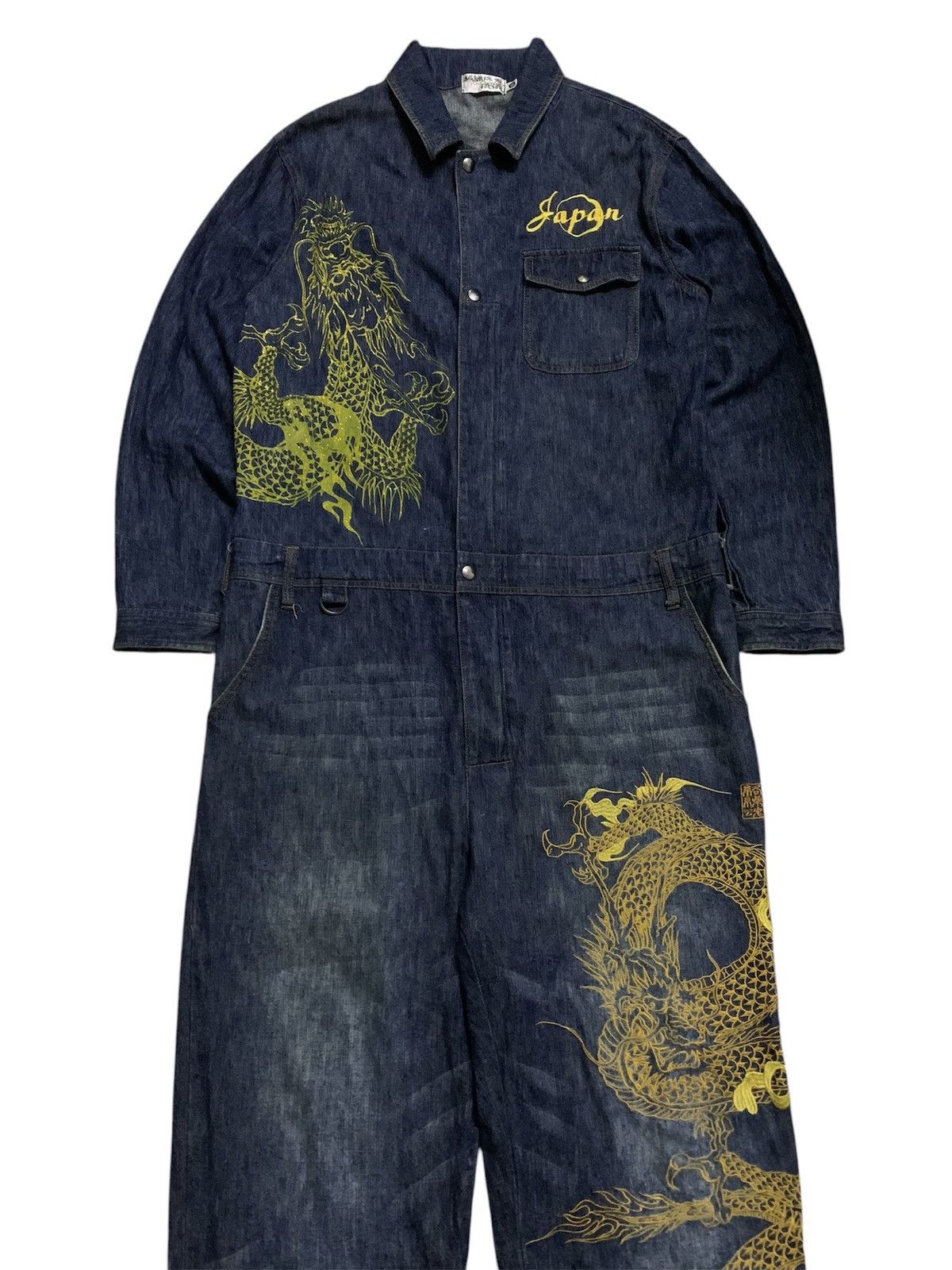 Karakuri Tamashii Vtg Japanese Sukajan Dragon Overall Denim Size US 43 - 3 Thumbnail