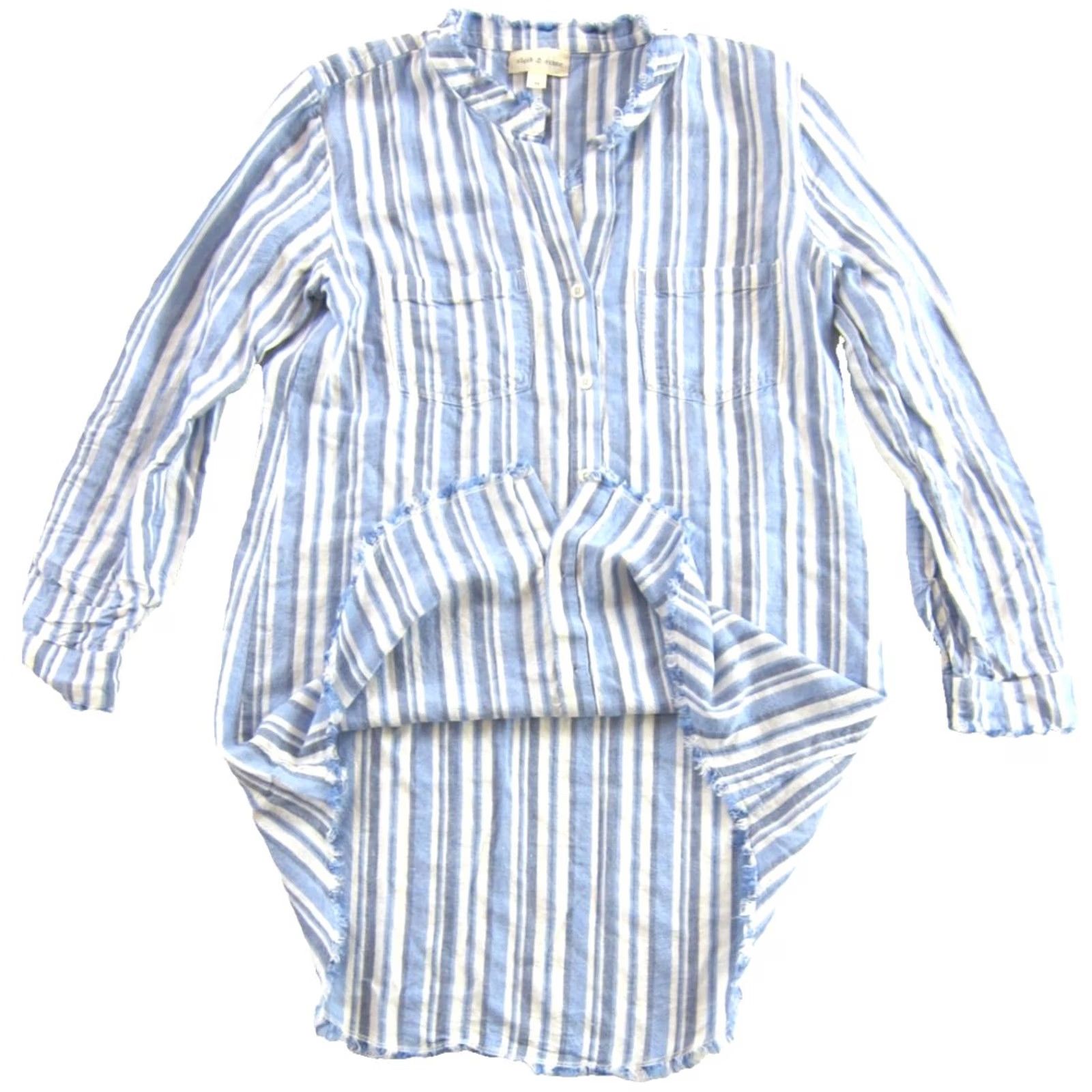 CLOT Cloth & Stone Blouse Blue White Stripe Linen Rayon Button Up Long Sleeve Tunic M Womens Size M / US 6-8 / IT 42-44 - 4 Thumbnail