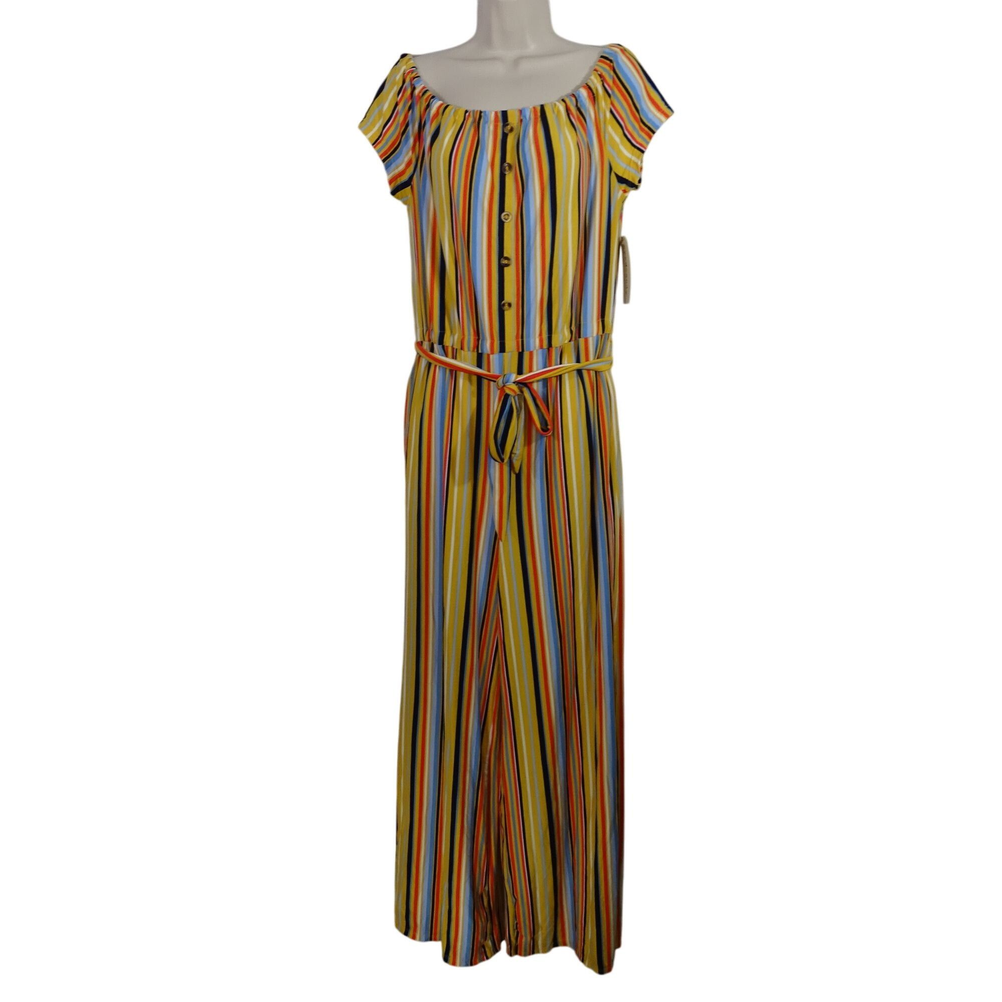 Other Eye Candy Multicolor Striped Off-Shoulder Jumpsuit Size 1X Size 40" / US 18 - 2 Thumbnail